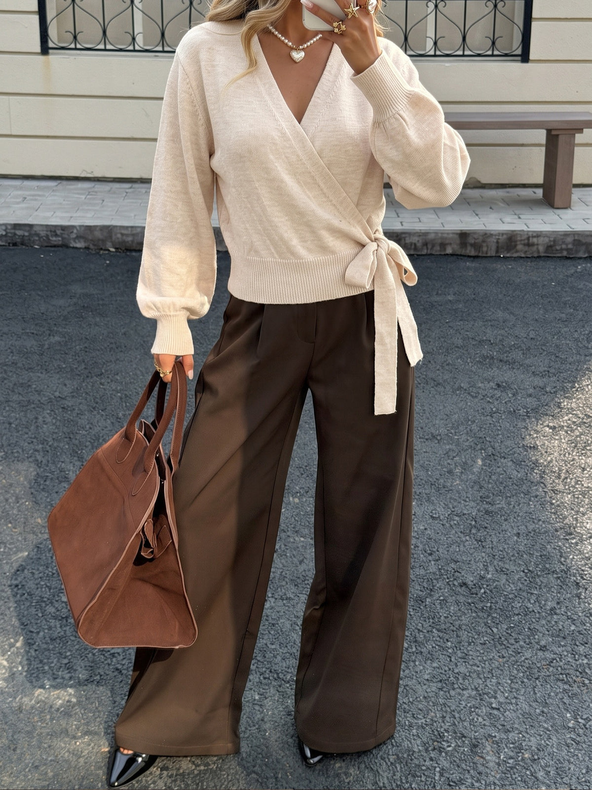 Tie Side Balloon Sleeve Cropped Wrap Front Jumper