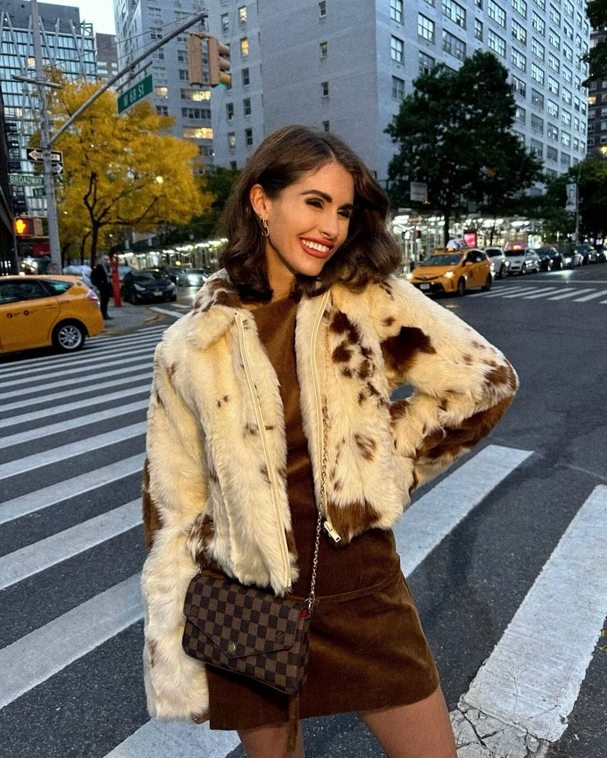 Collared Zip Through Cropped Cow Print Faux Fur Jacket