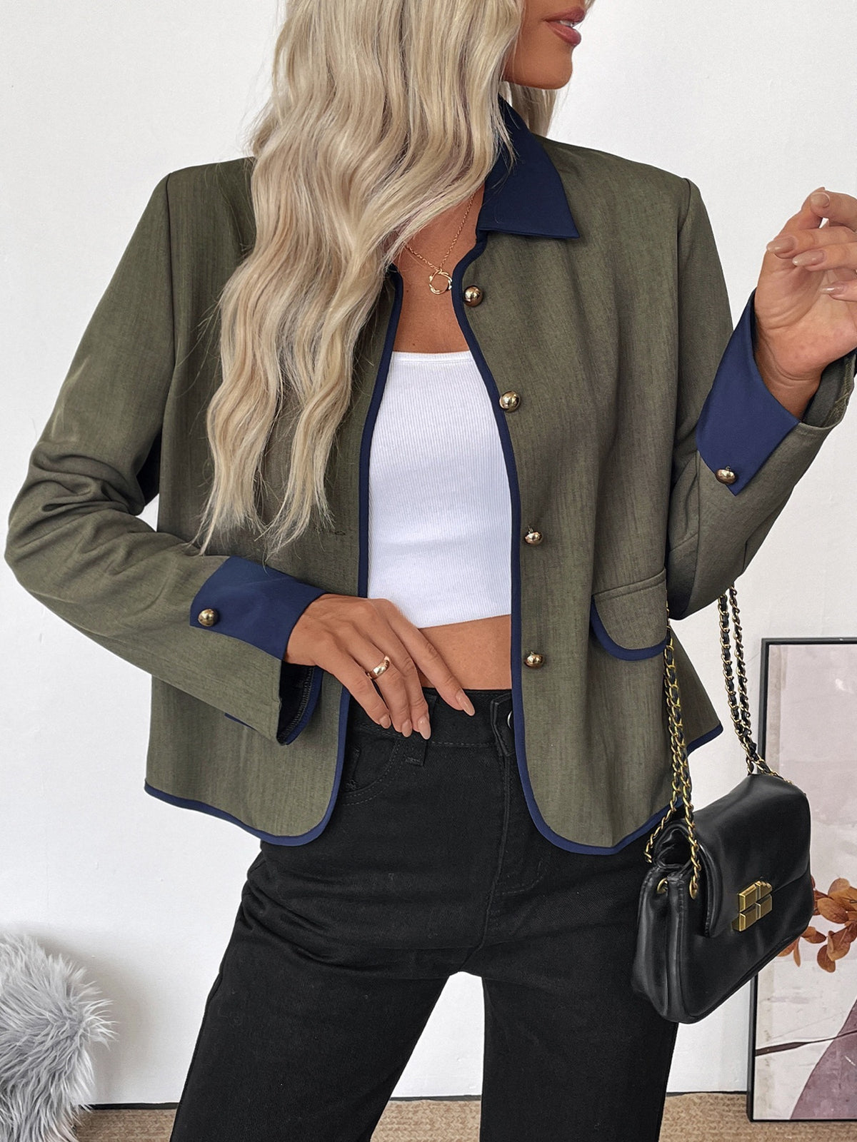 Contrast Collar Gold Button Piped Cropped Jacket