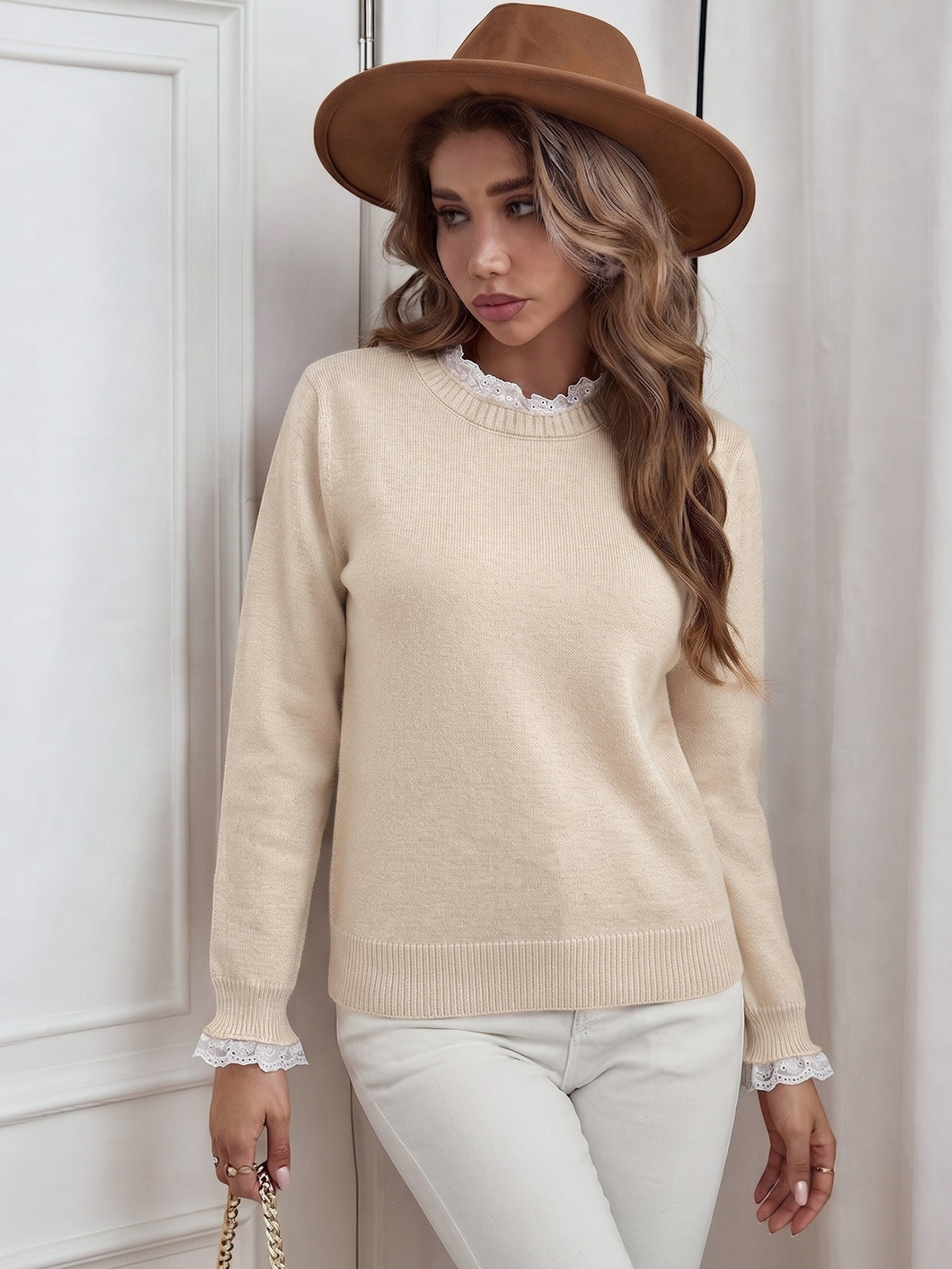 Broderie Lace Trim Crew Neck Layered Knit Jumper