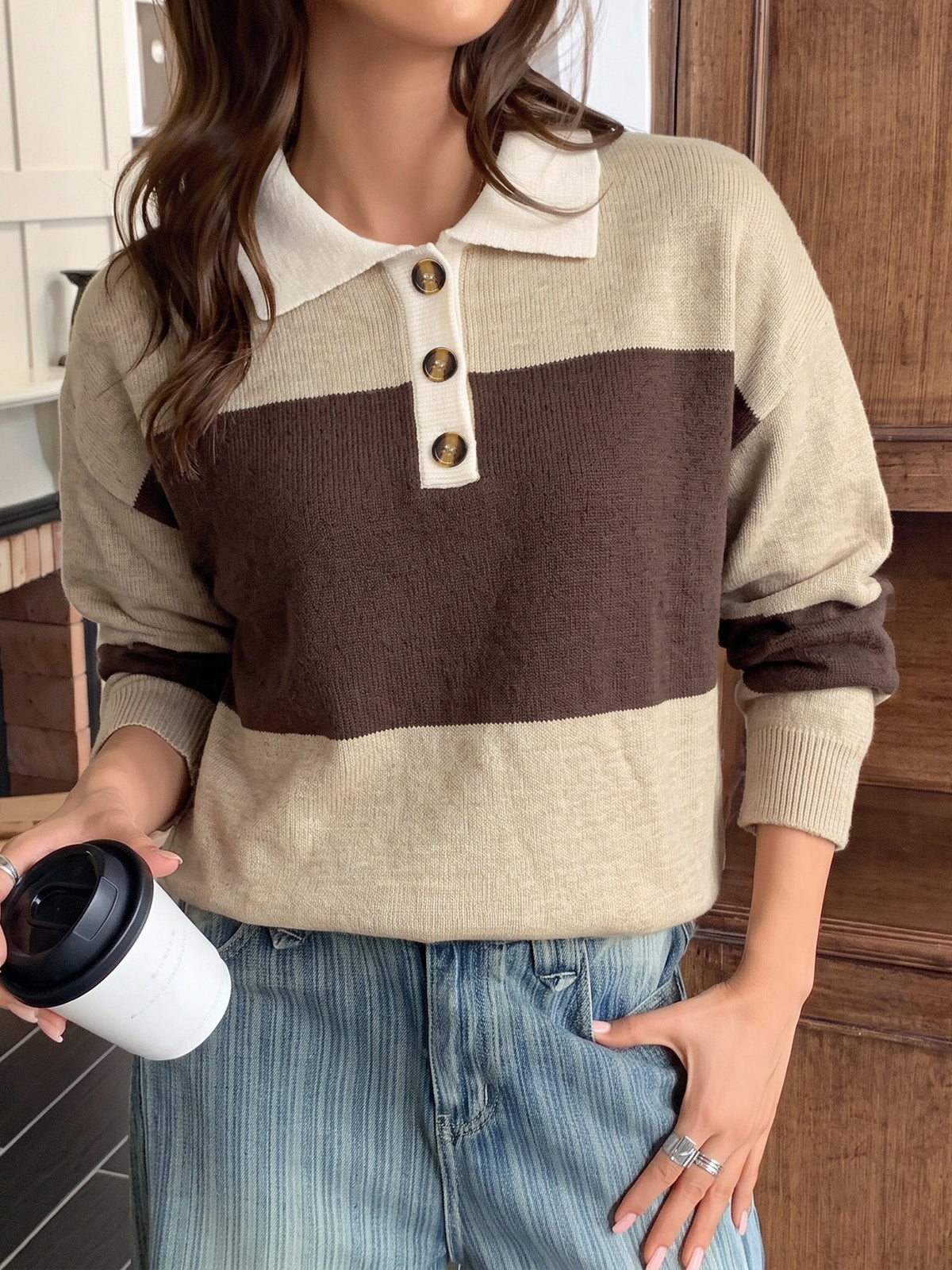 Contrast Collar Colour Block Knitted Rugby Polo Jumper