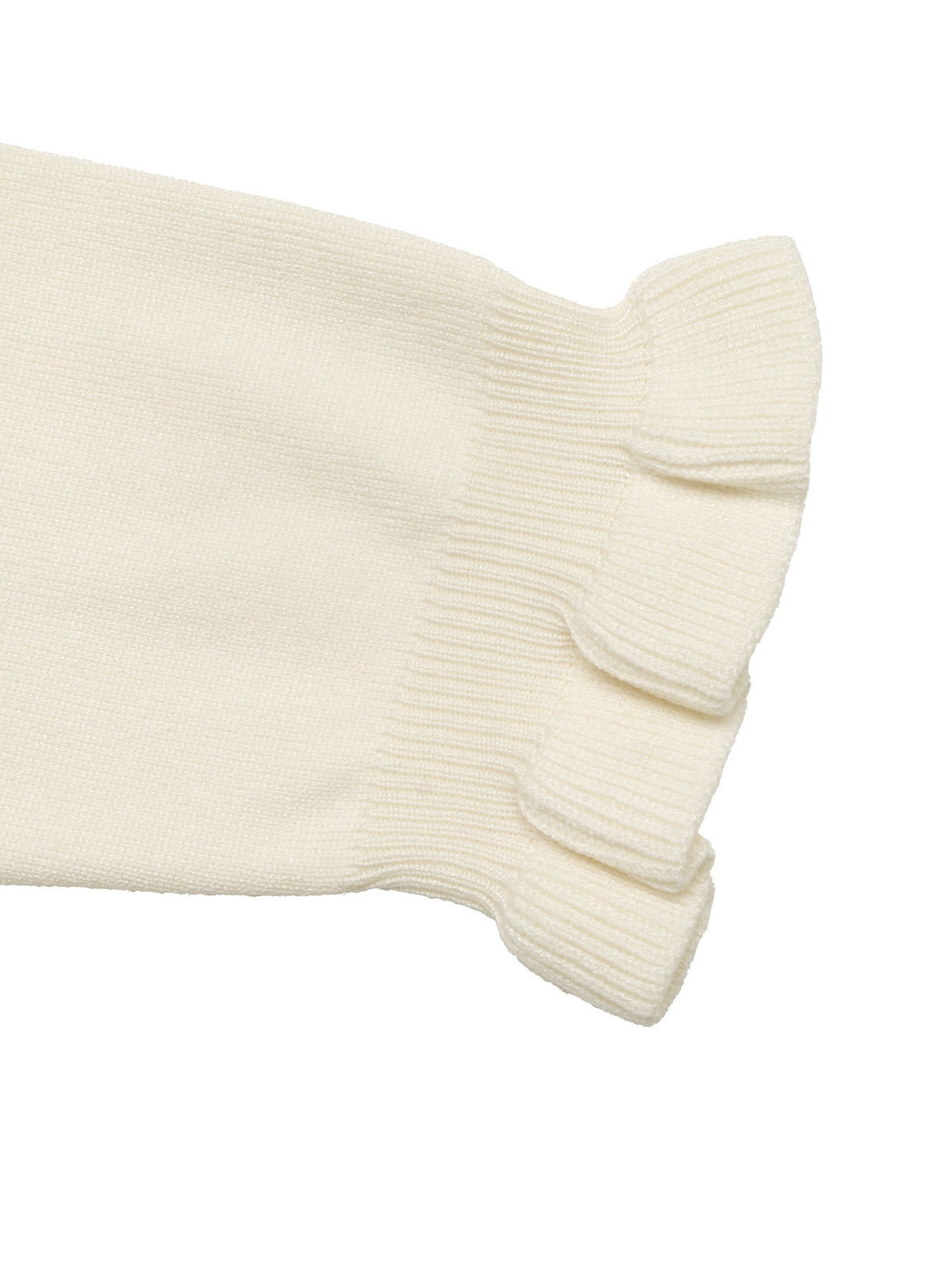Close-up of a cream-colored ribbed knit sleeve with a ruffled cuff, shown against a plain white background.