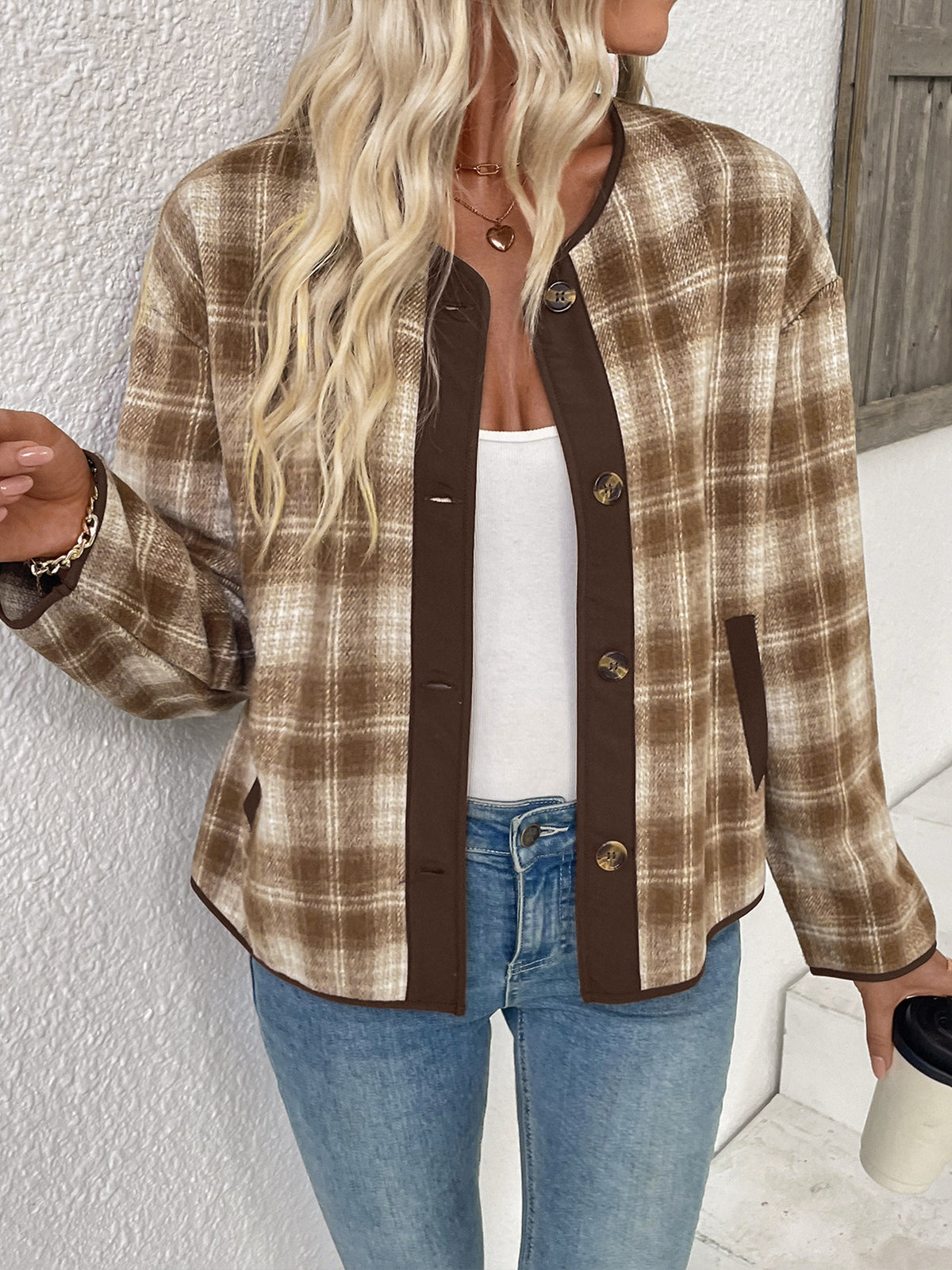 Camel Brushed Check Collarless Jacket with Brown Trim