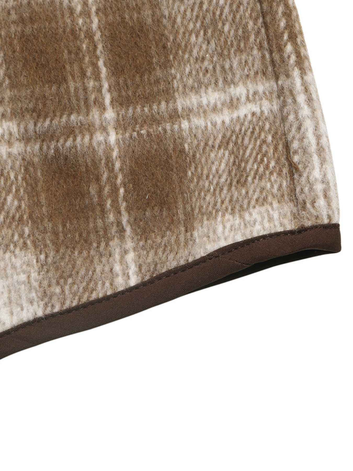 Camel Brushed Check Collarless Jacket with Brown Trim
