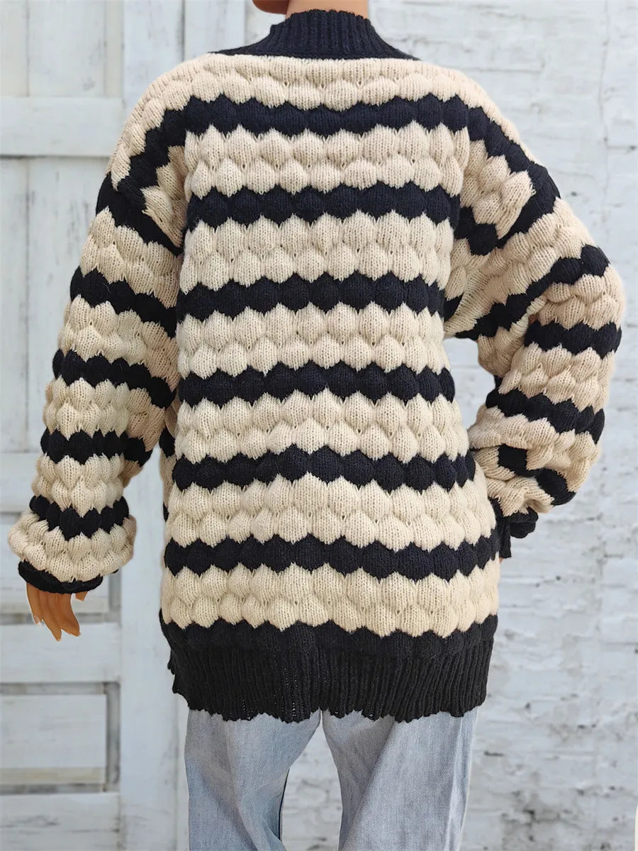 Stripe Bubble Knit Open Front Chunky Cardigan