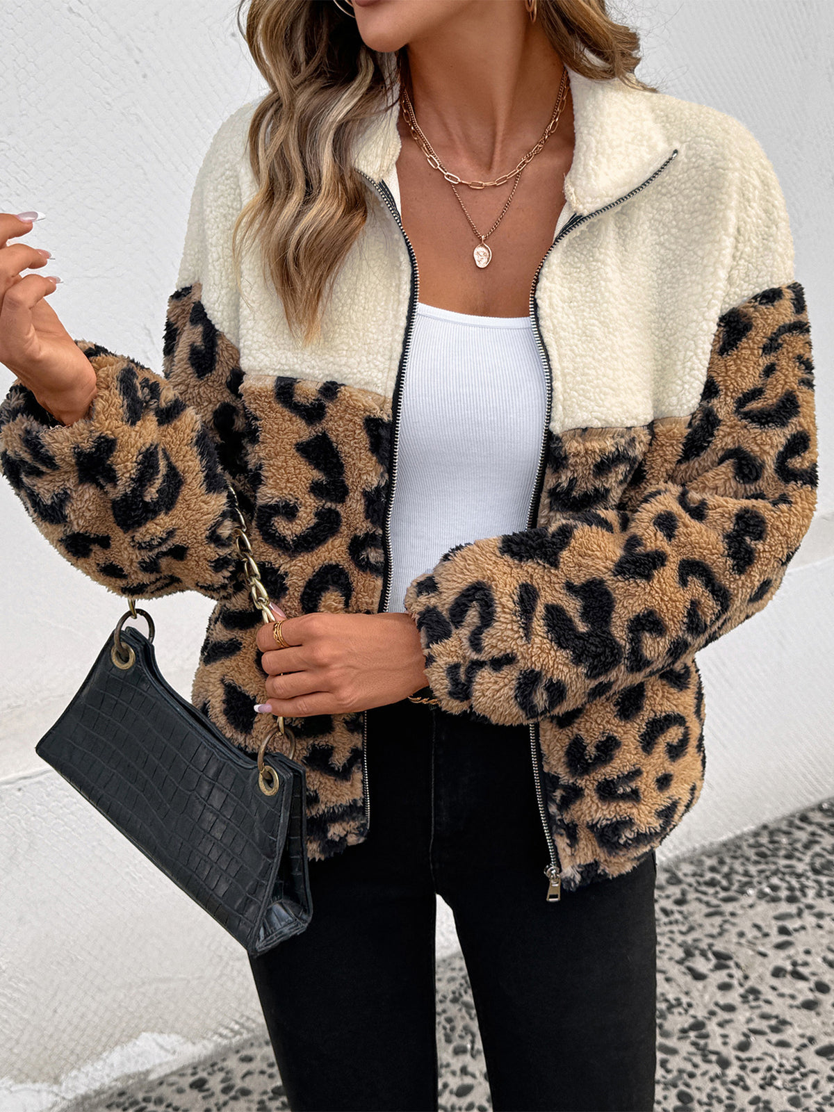 Cream and leopard print teddy jacket with stand collar and gathered cuffs, front view