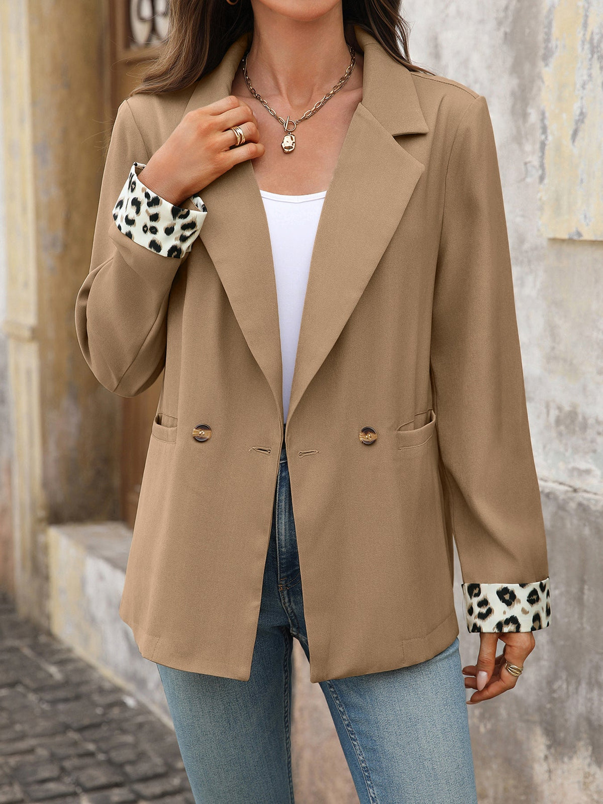 Women's Leopard Cuff Blazer in Camel