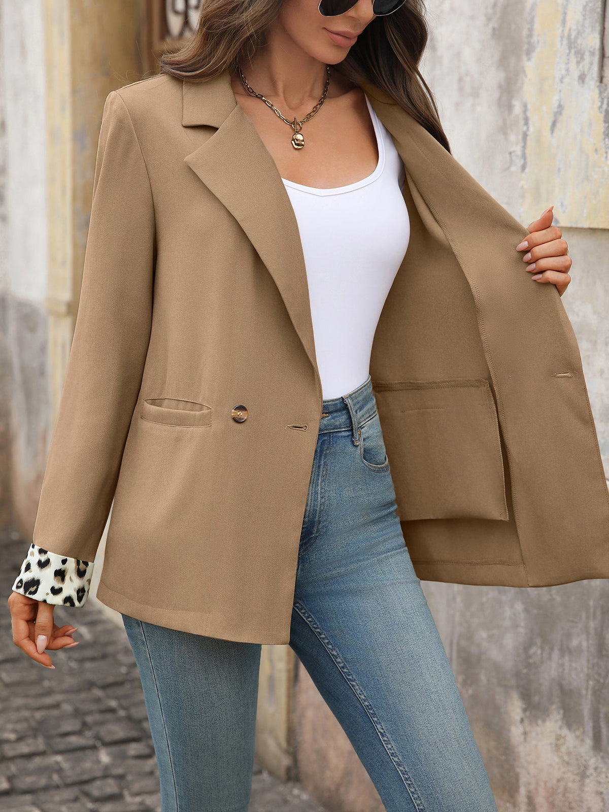 Women's Leopard Cuff Blazer in Camel, view 4