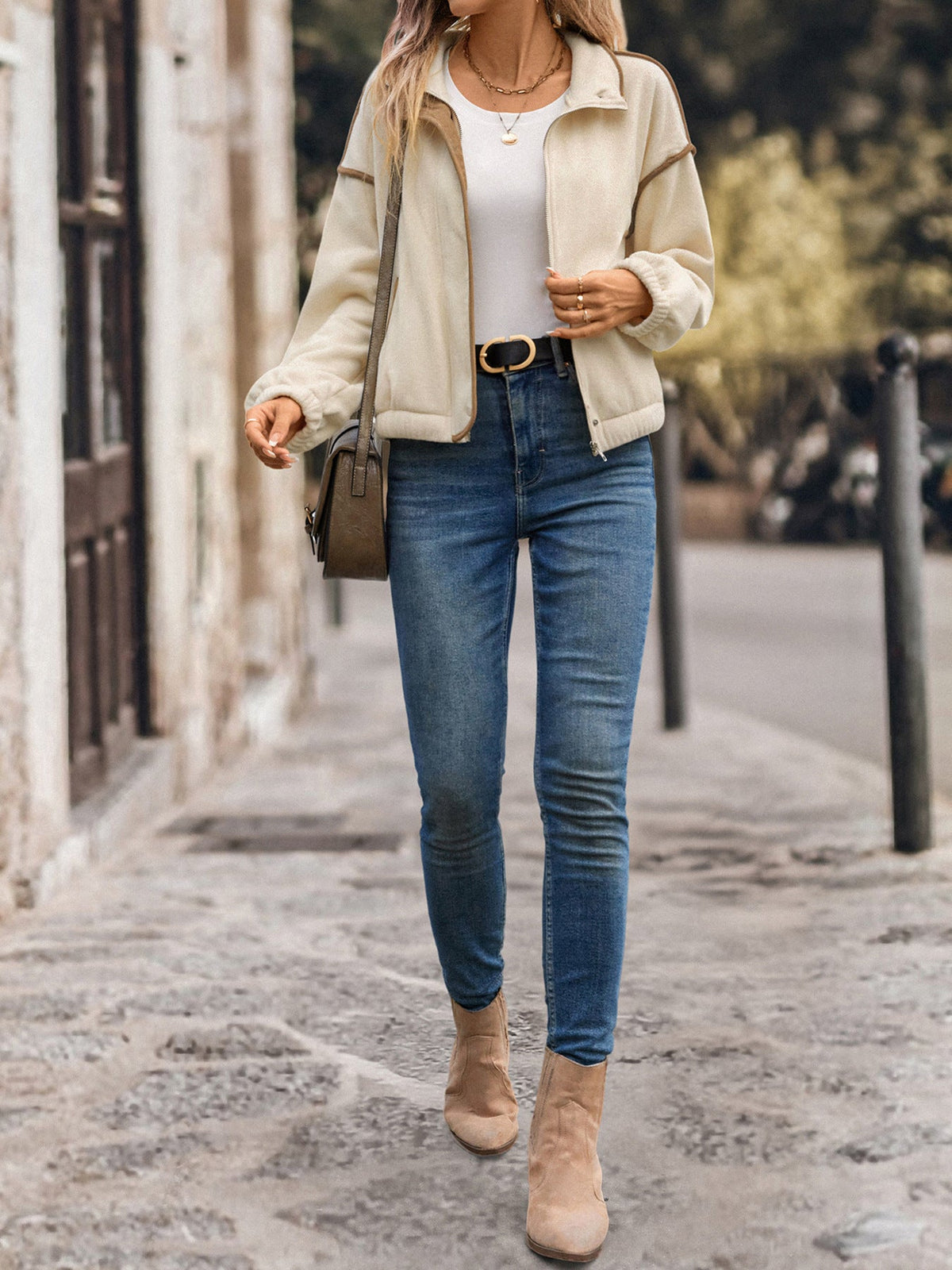 Women's Zip Fleece Jacket in Cream, view 2