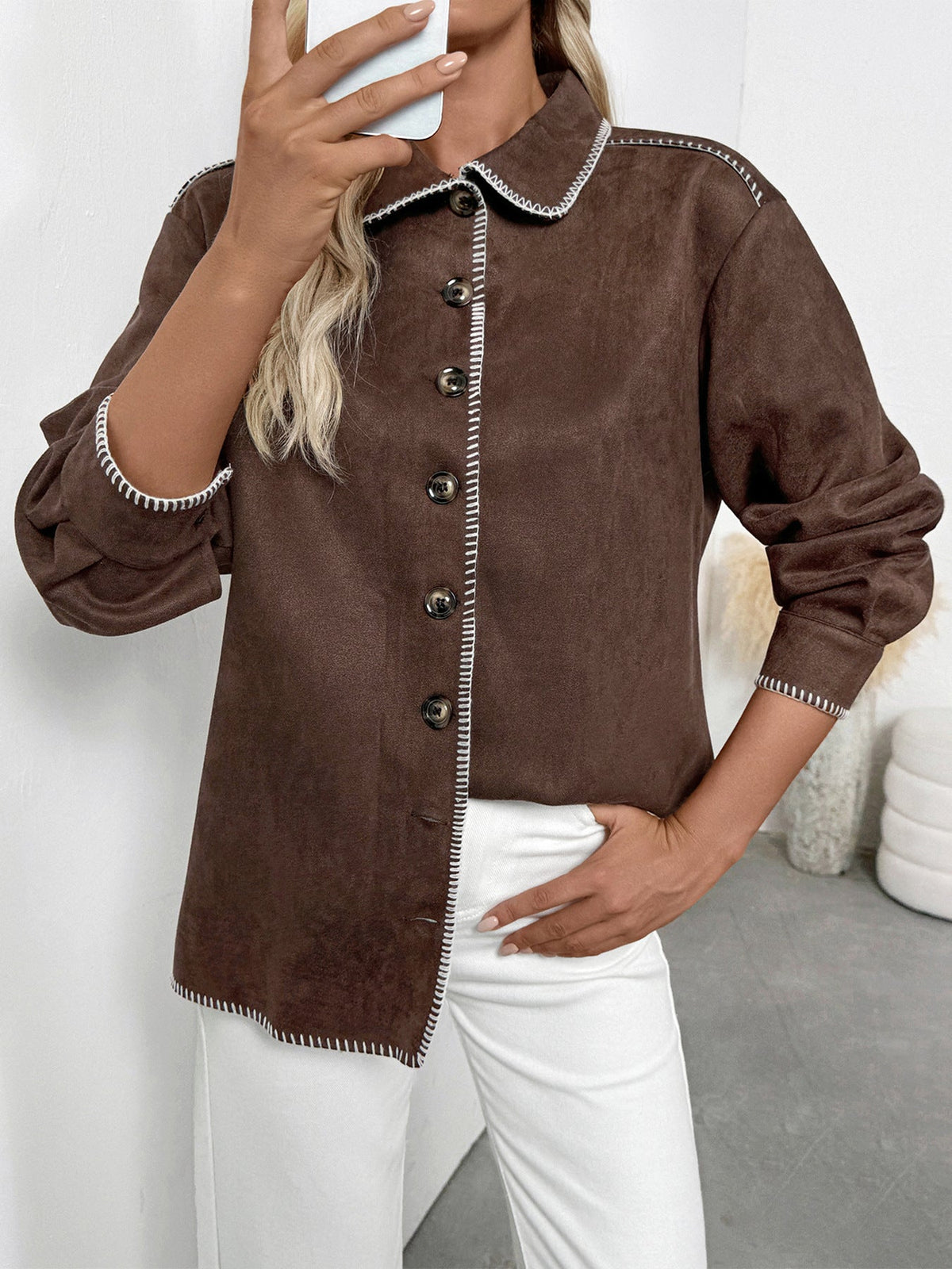 Women's Suede Shirt Jacket in Brown