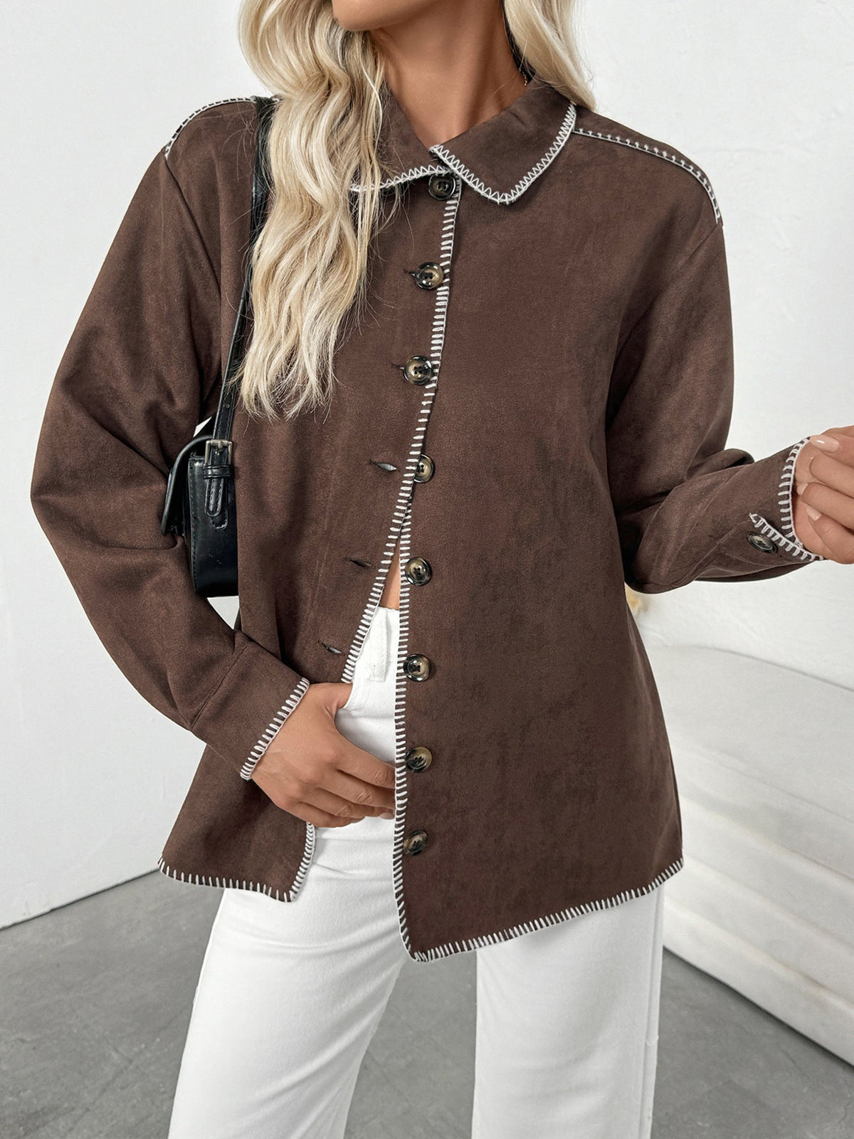 Women's Suede Shirt Jacket in Brown, view 2