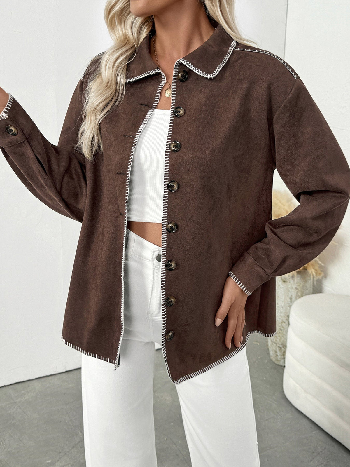 Women's Suede Shirt Jacket in Brown, view 4