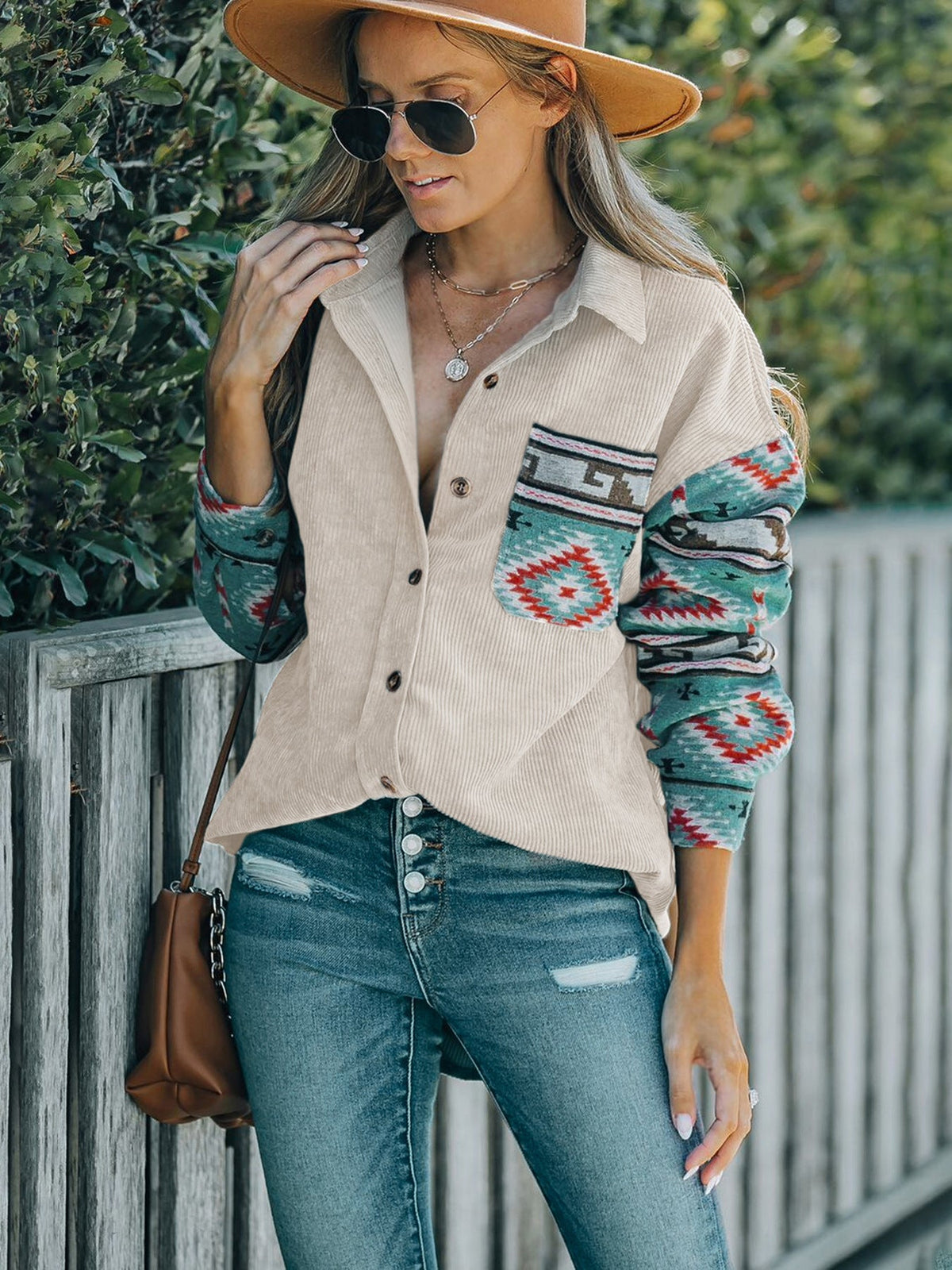 Women's Patchwork Shirt Jacket in Beige, view 3
