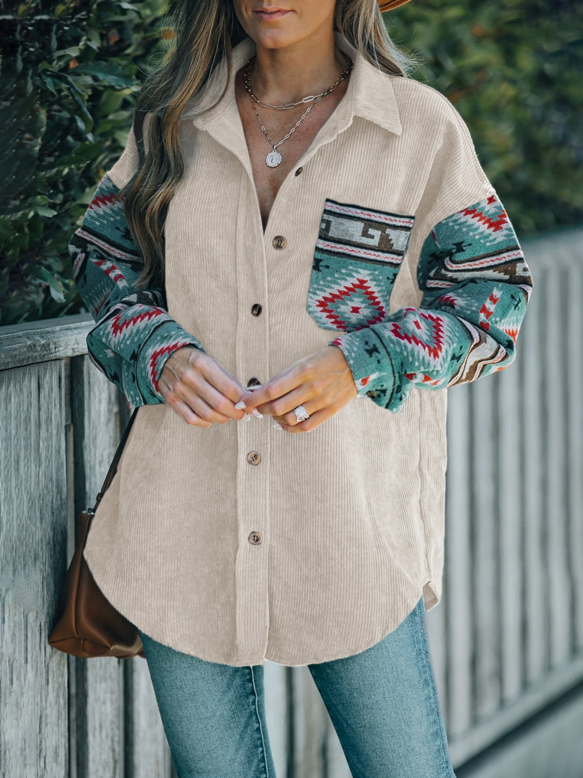 Women's Patchwork Shirt Jacket in Beige, view 6