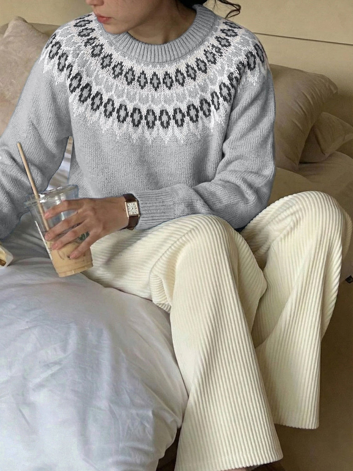 Women's Fair Isle Yoke Jumper in Grey, view 3