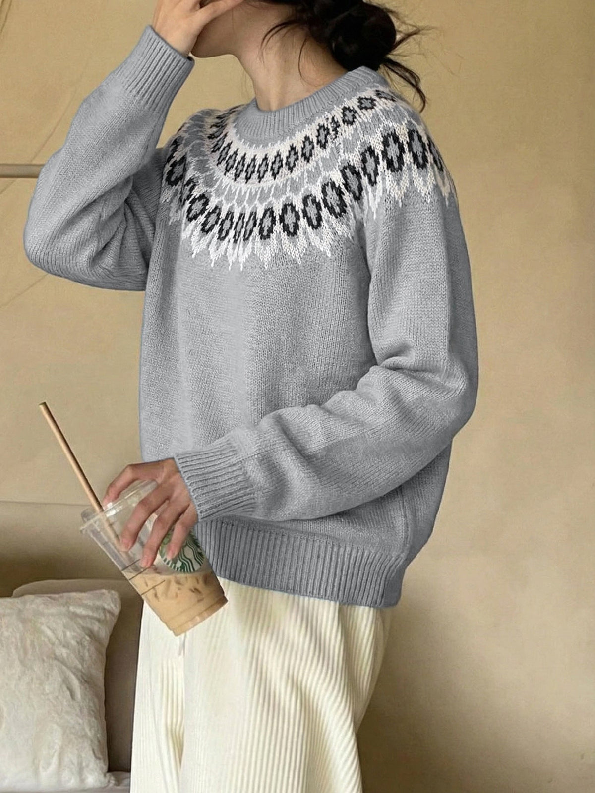 Women's Fair Isle Yoke Jumper in Grey, view 4