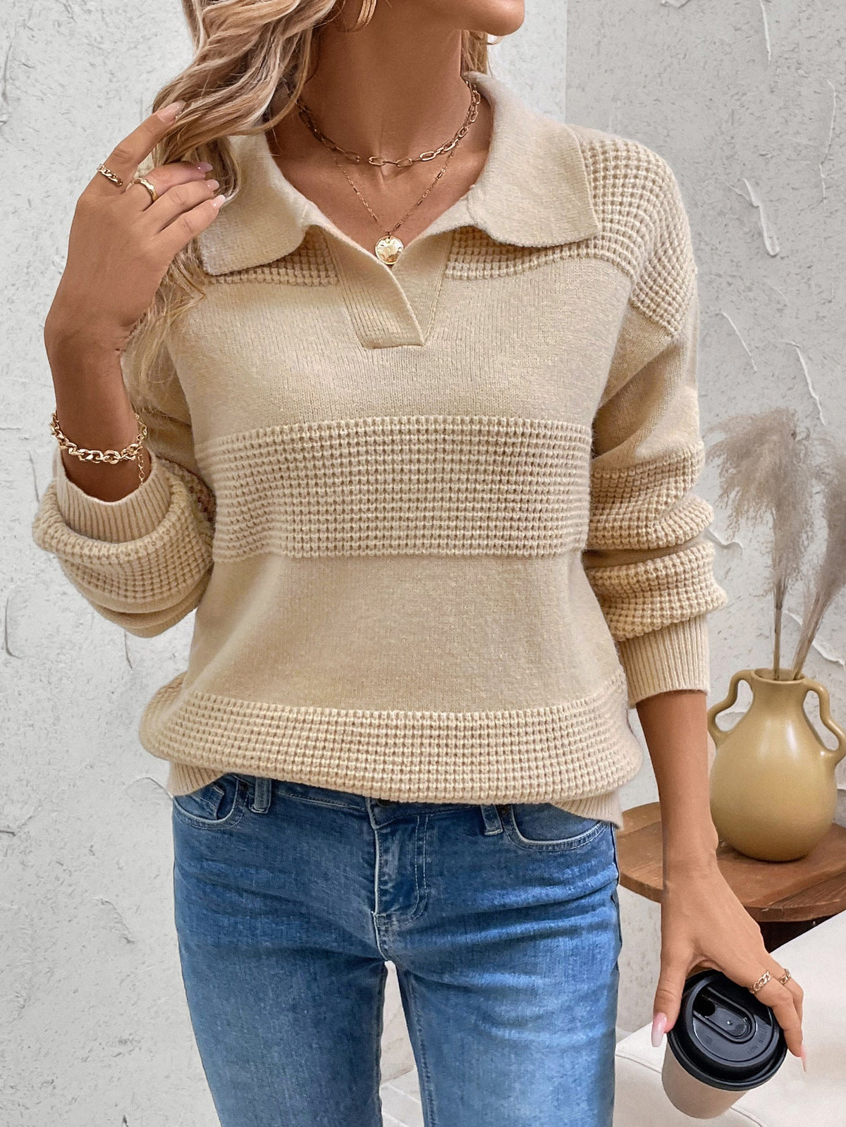 Women's Waffle Knit Jumper in Beige, view 4