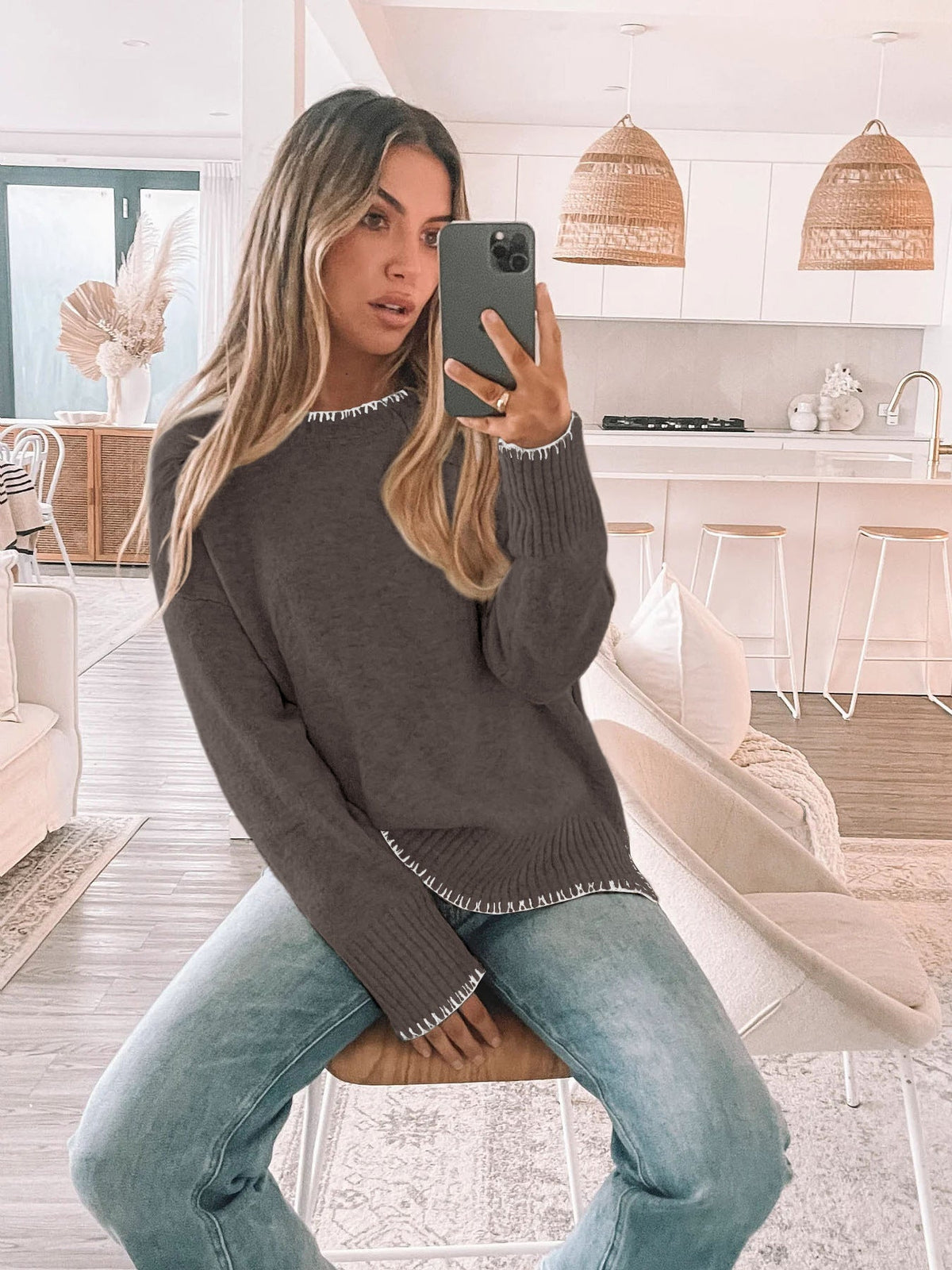 Women's Crew Neck Jumper in Brown, view 2