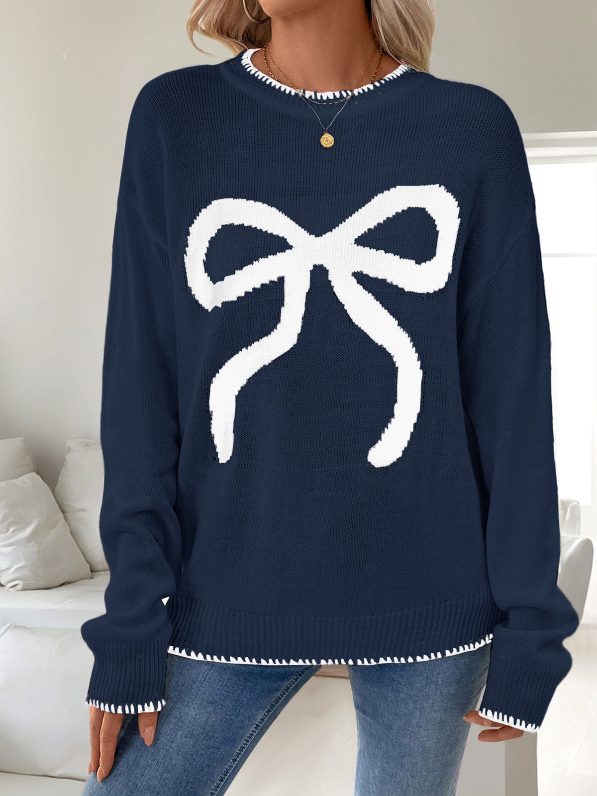 Women's Big Bow Jumper in Navy, view 3