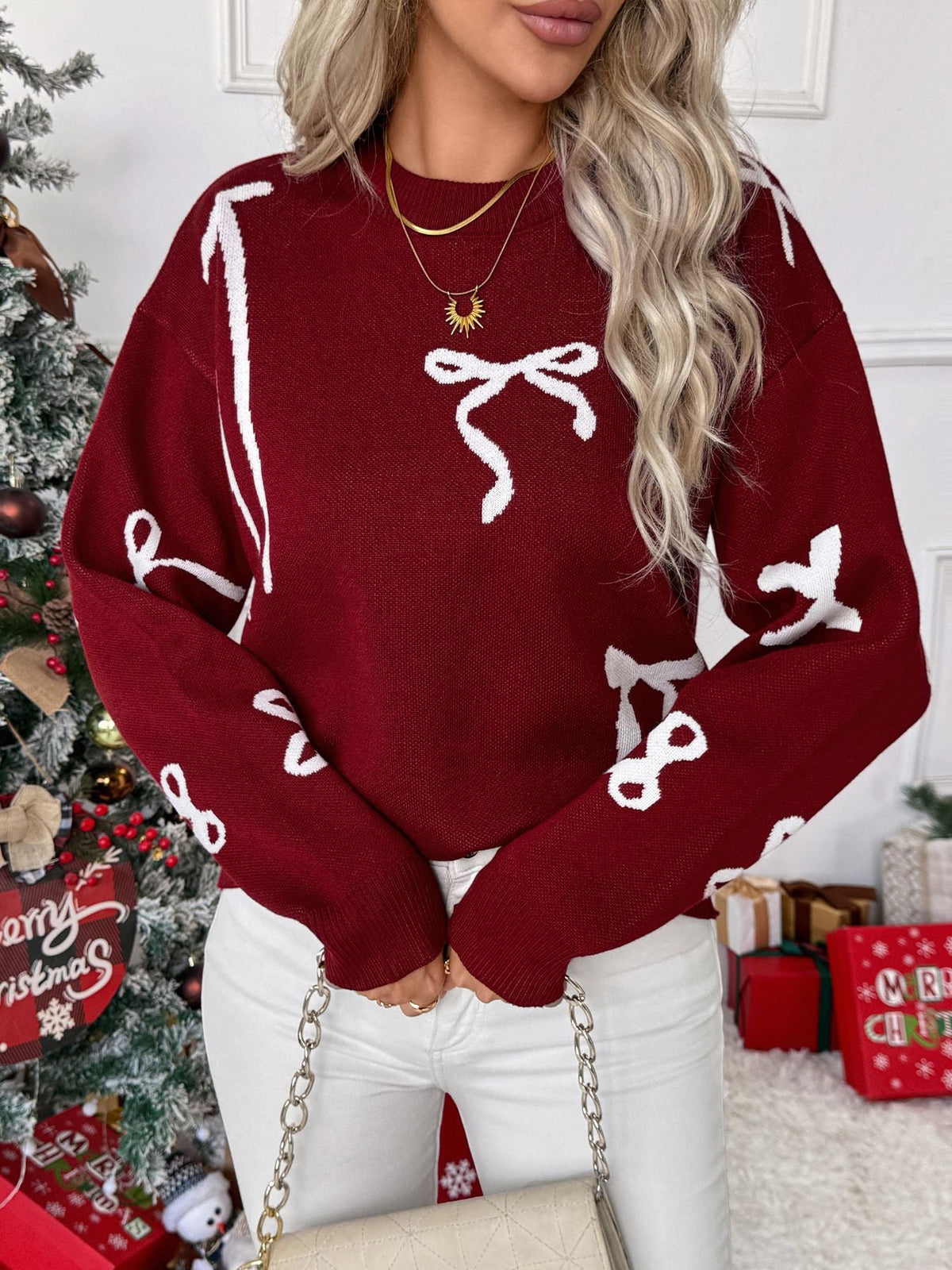 Women's Bow Print Jumper in Burgundy