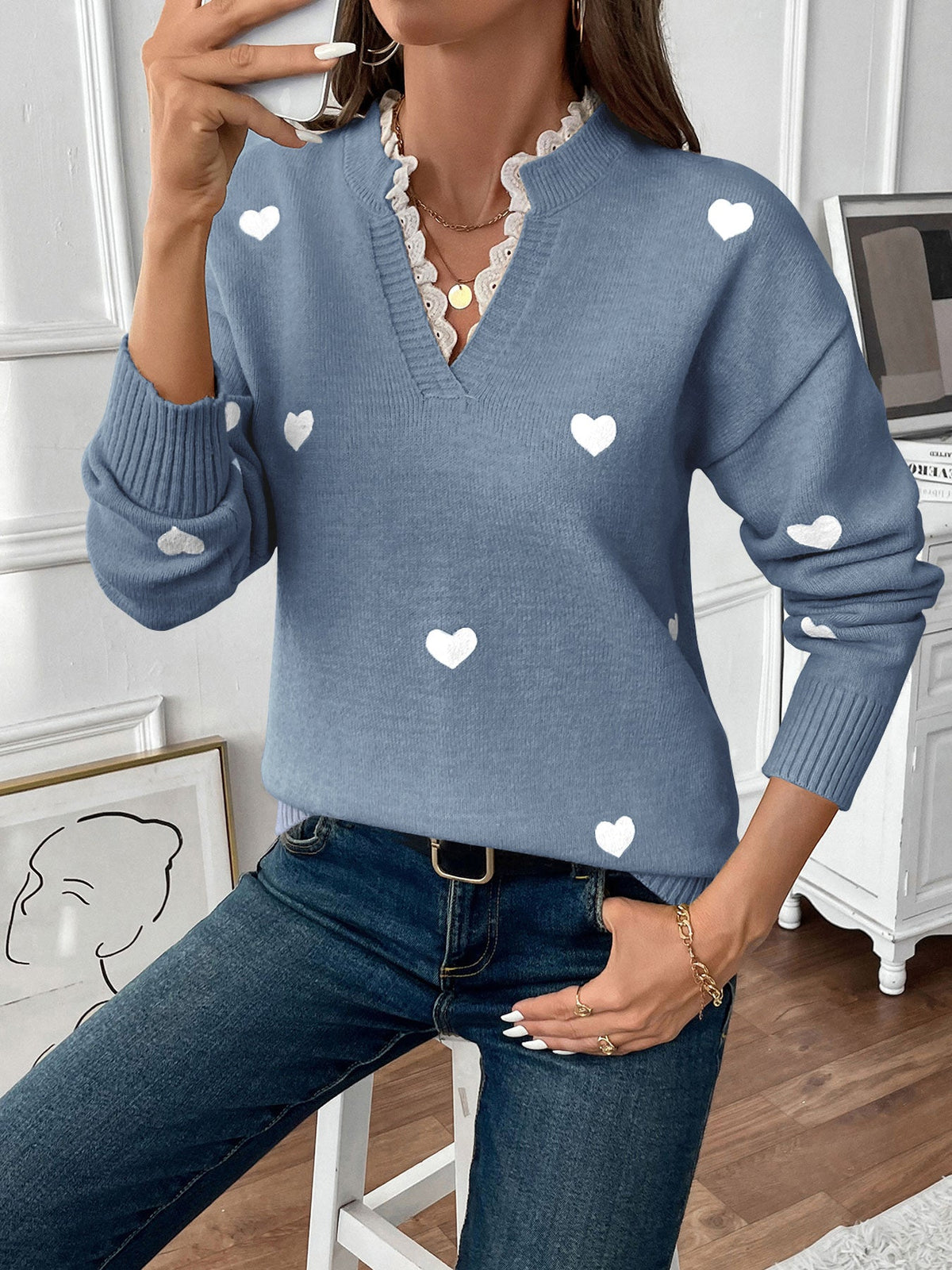Women's Lace Trim Jumper in Blue, view 4