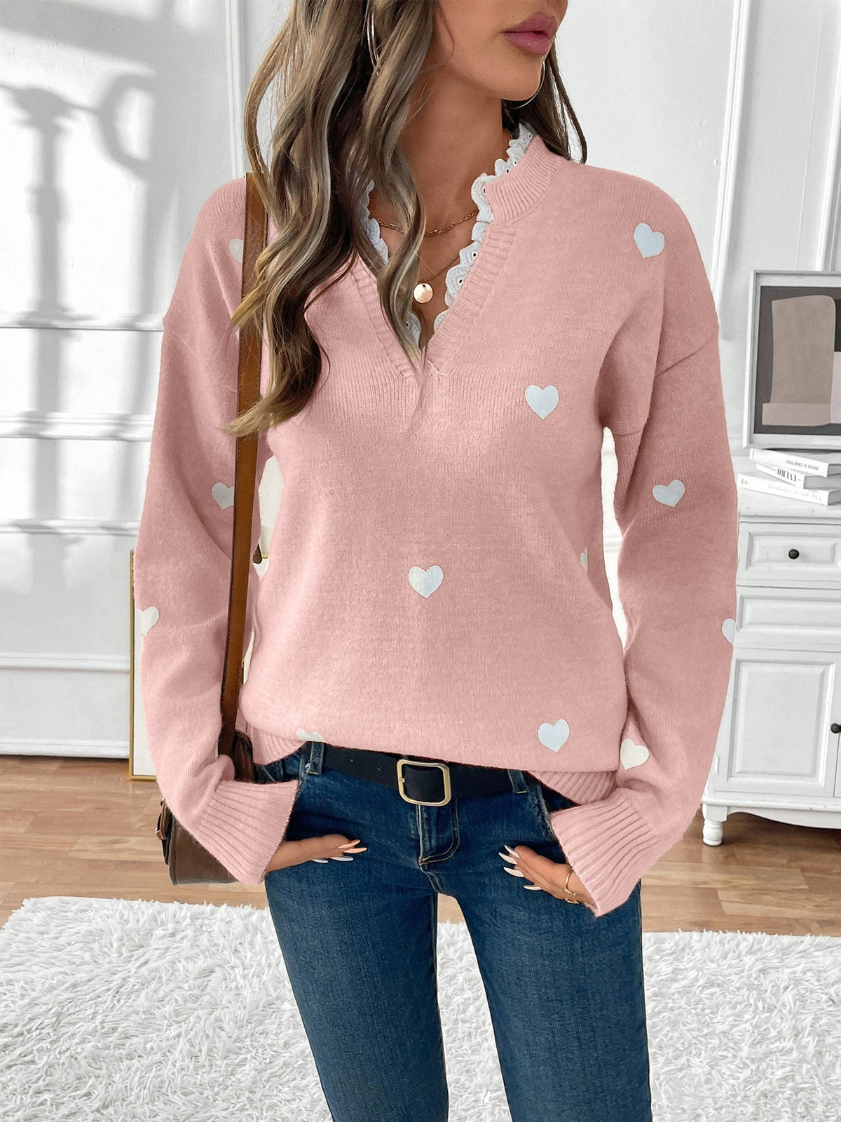 Women's Lace Trim Jumper in Pink, view 3