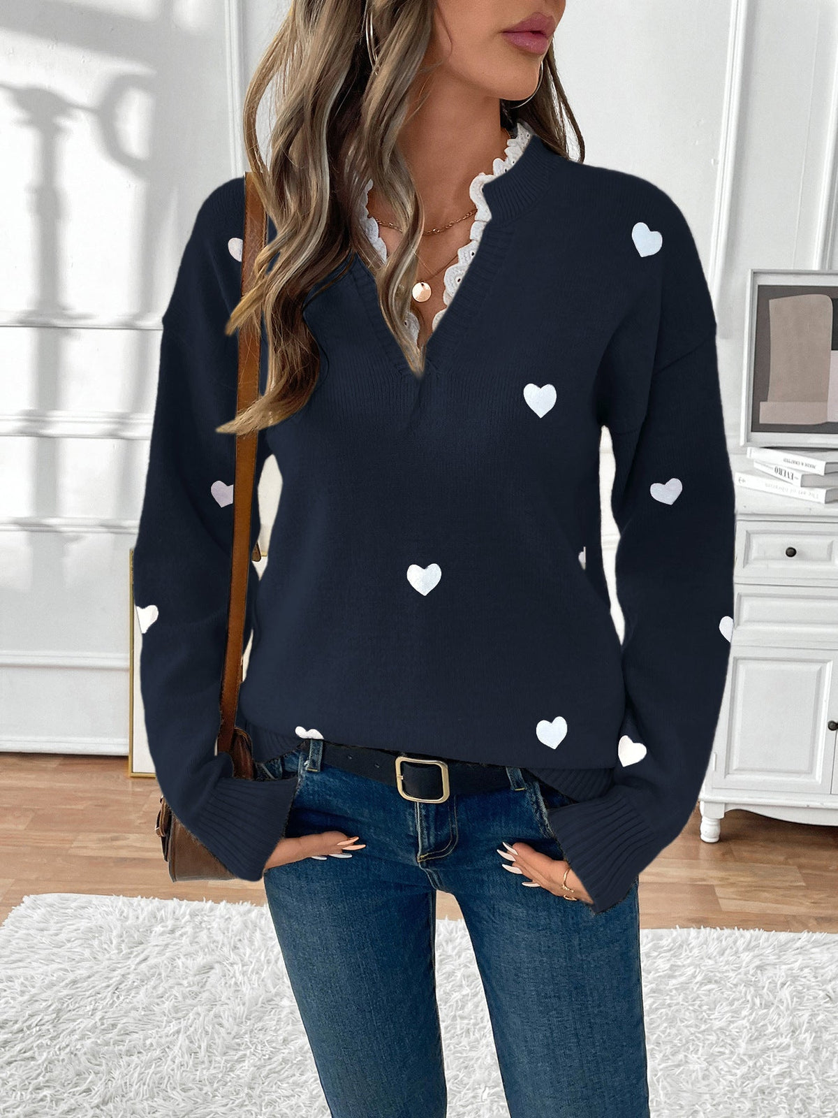 Women's Lace Trim Jumper in Navy, view 3