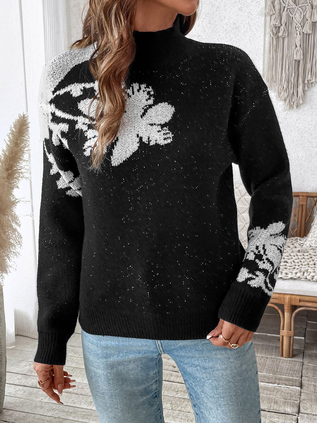 Women's Floral Mock Neck Jumper in Black