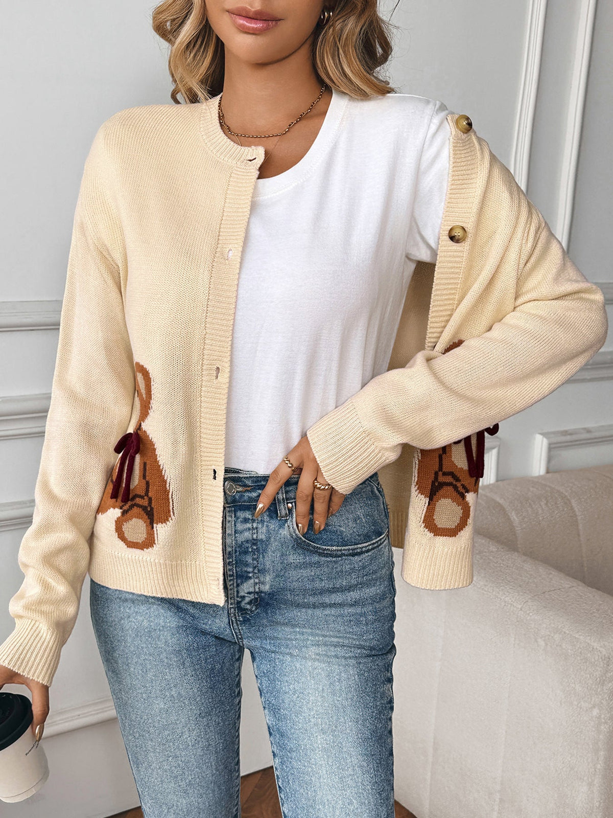 Women's Teddy Bear Cardigan in Cream, view 2