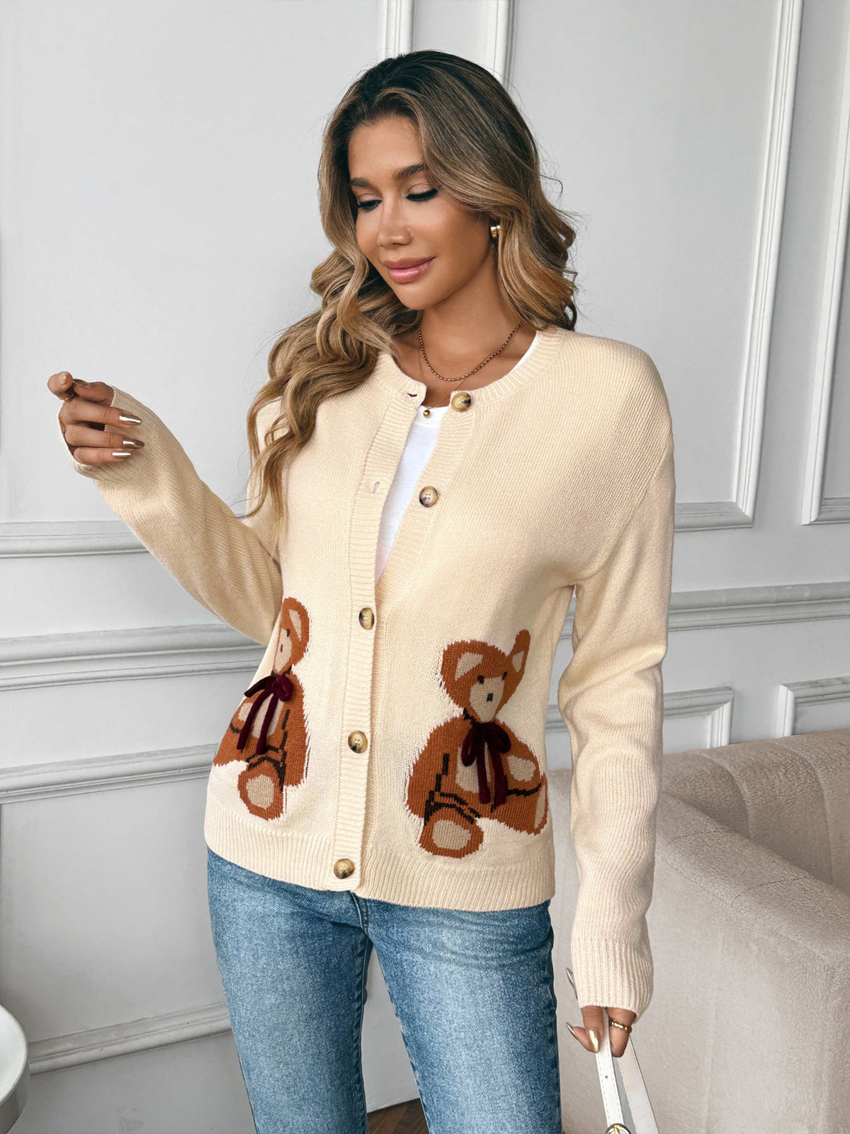 Women's Teddy Bear Cardigan in Cream, view 4