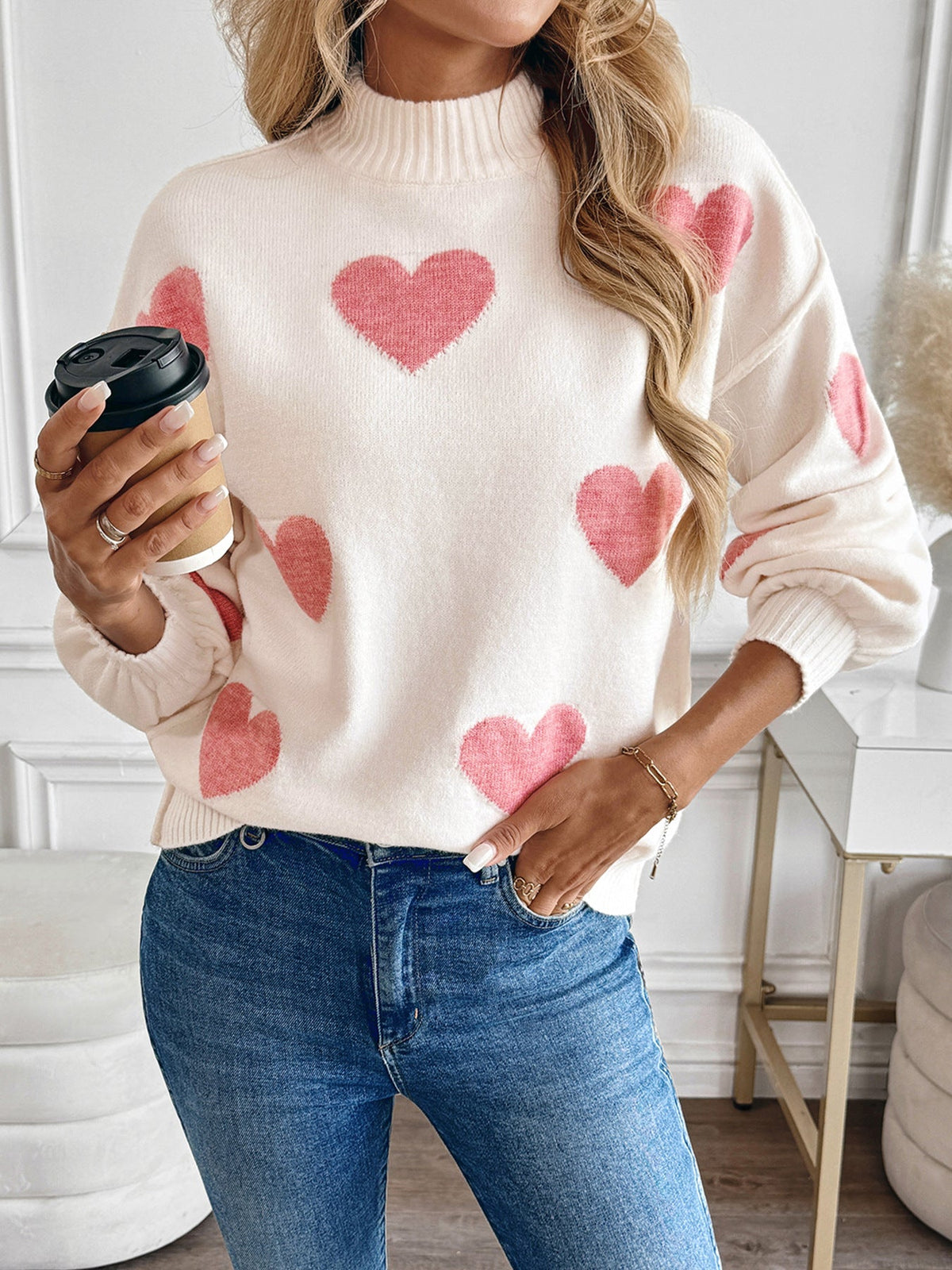 Women's Heart Print Jumper in Cream, view 6