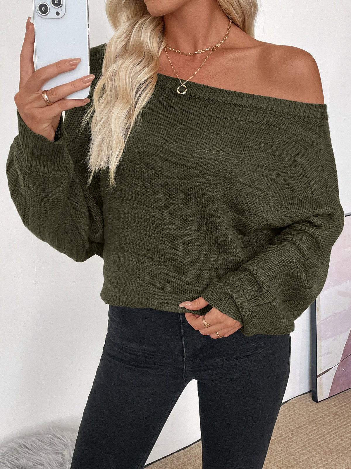 Women's Off Shoulder Jumper in Army Green, view 2