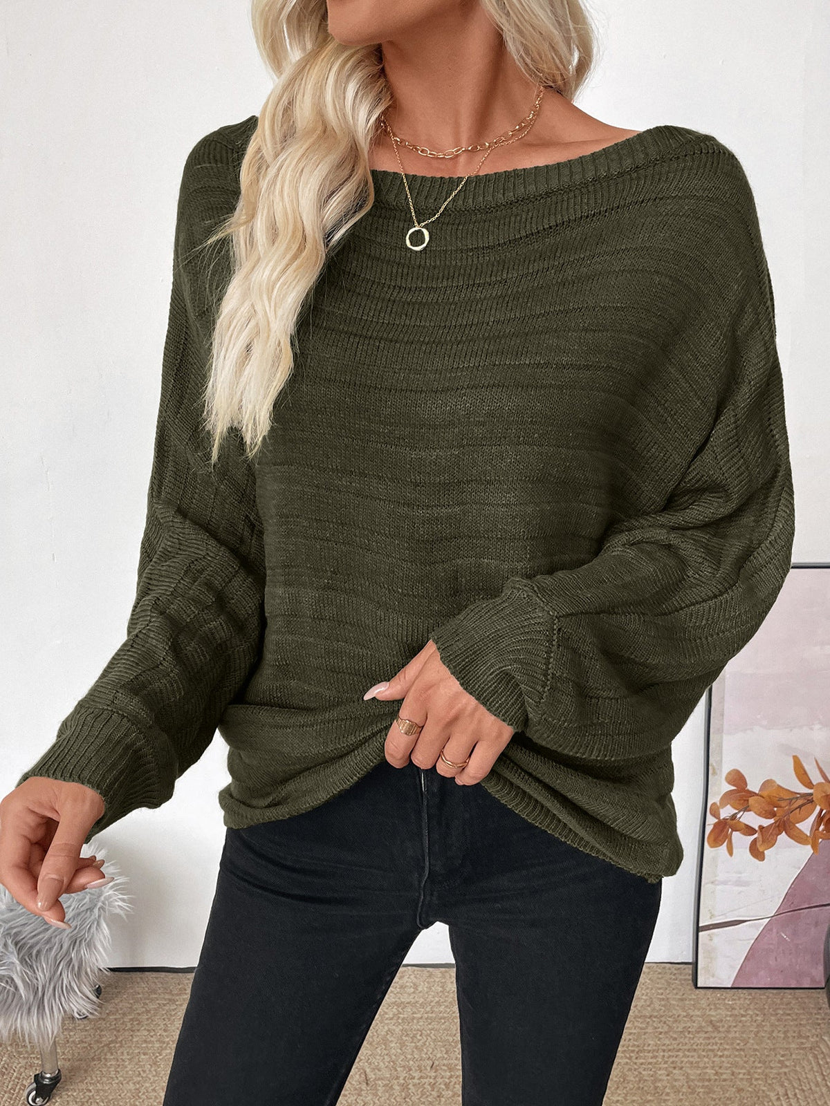 Women's Off Shoulder Jumper in Army Green, view 5