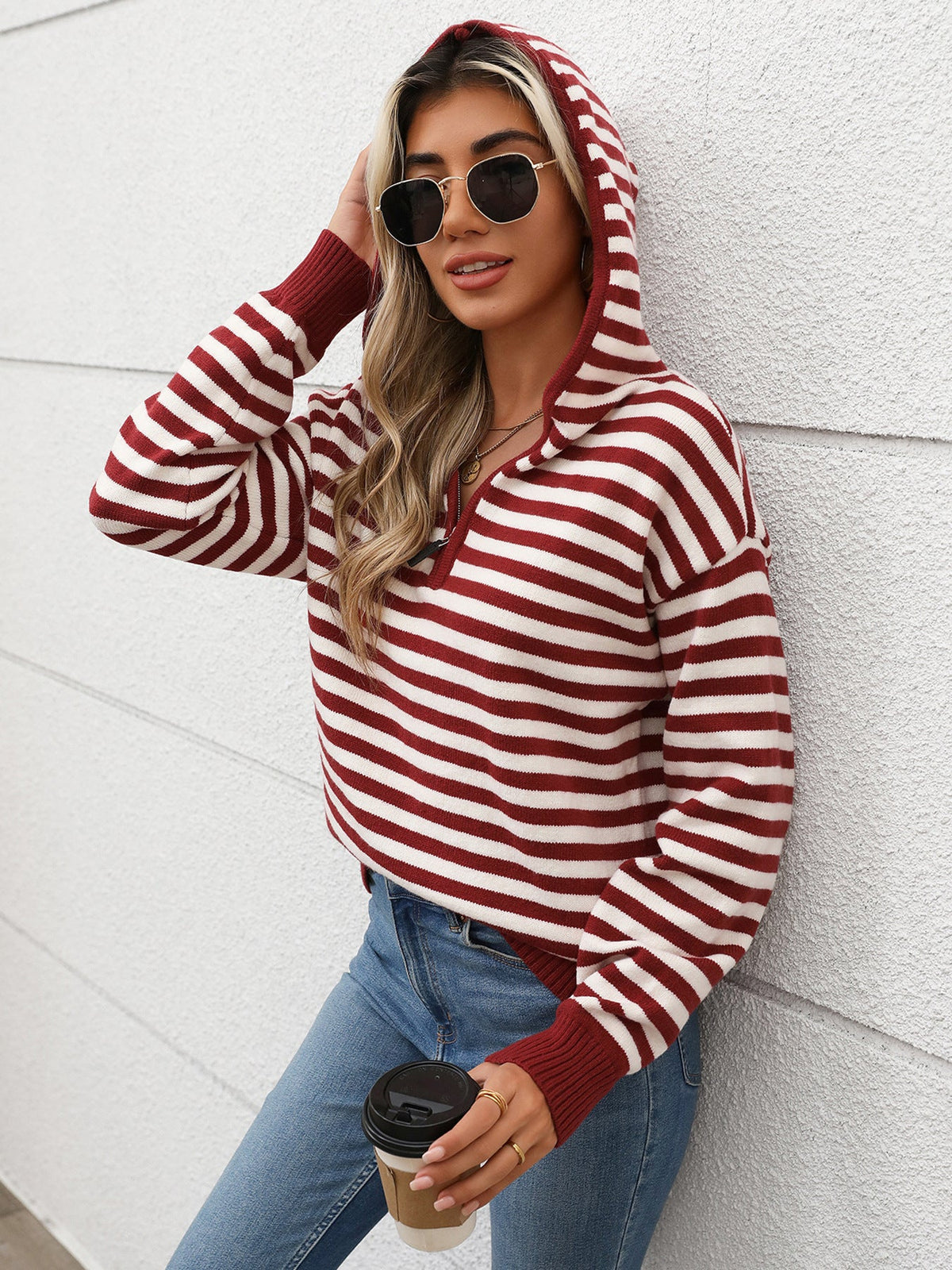 Women's Knit Hoodie in Red, view 3