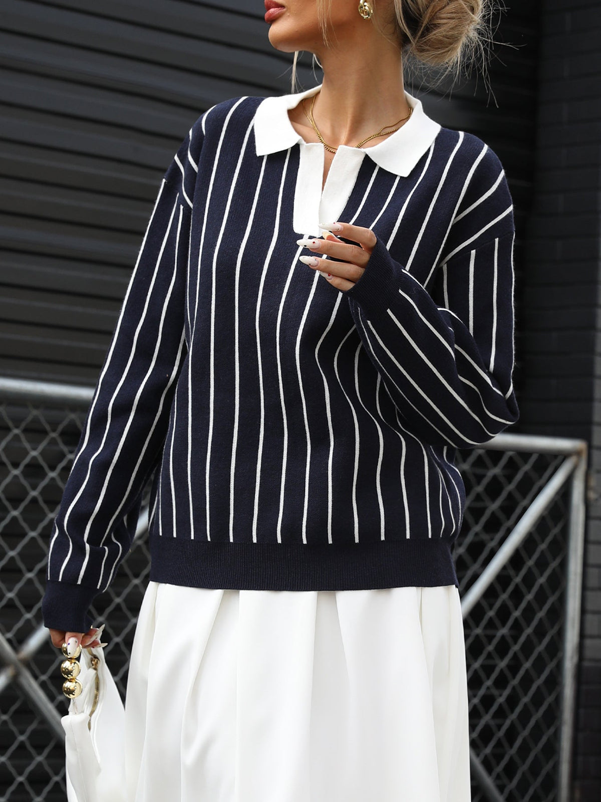 Women's Pinstripe Jumper in Navy, view 3