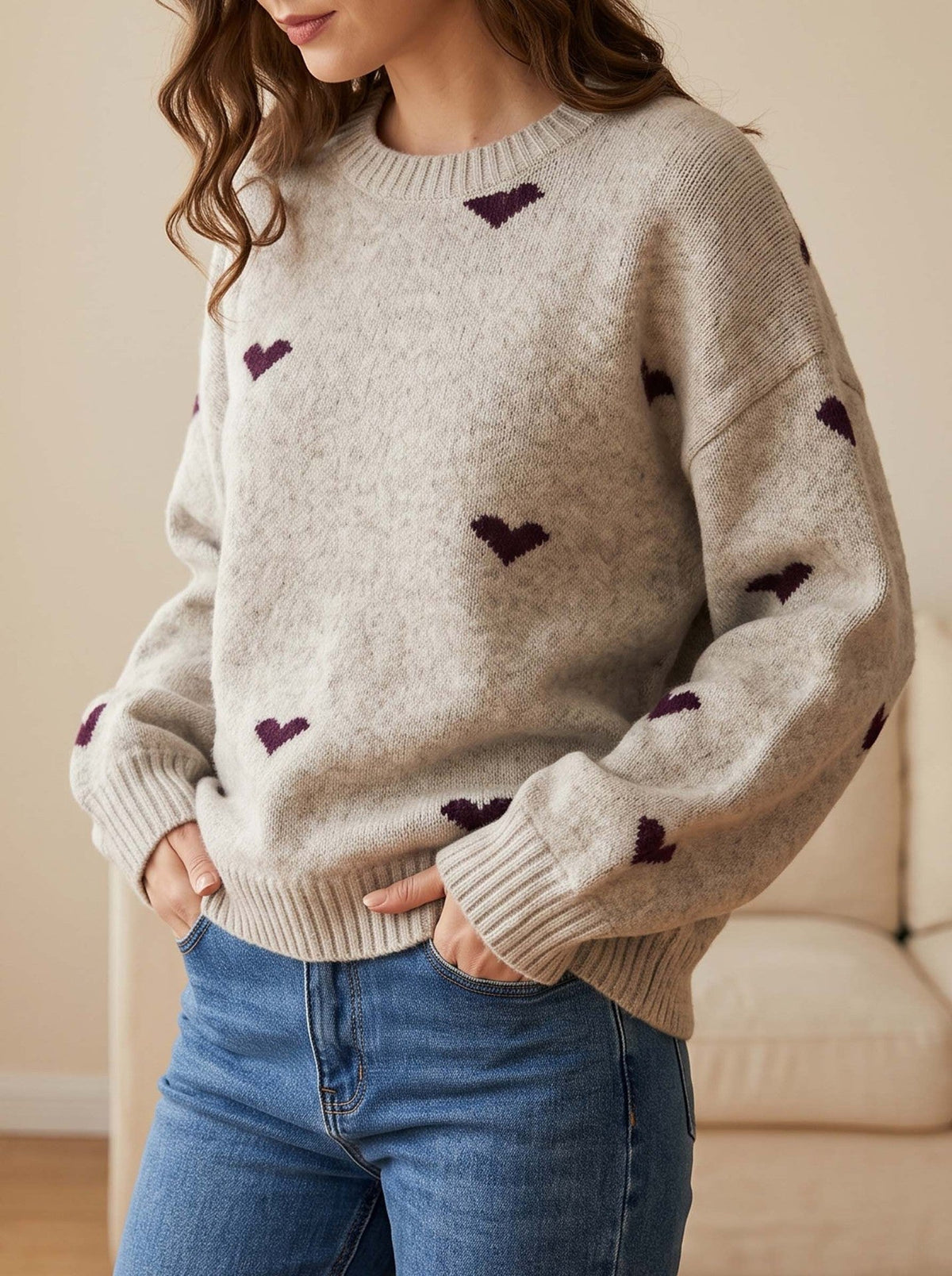 Women's Scattered Heart Jumper in Oatmeal, view 2