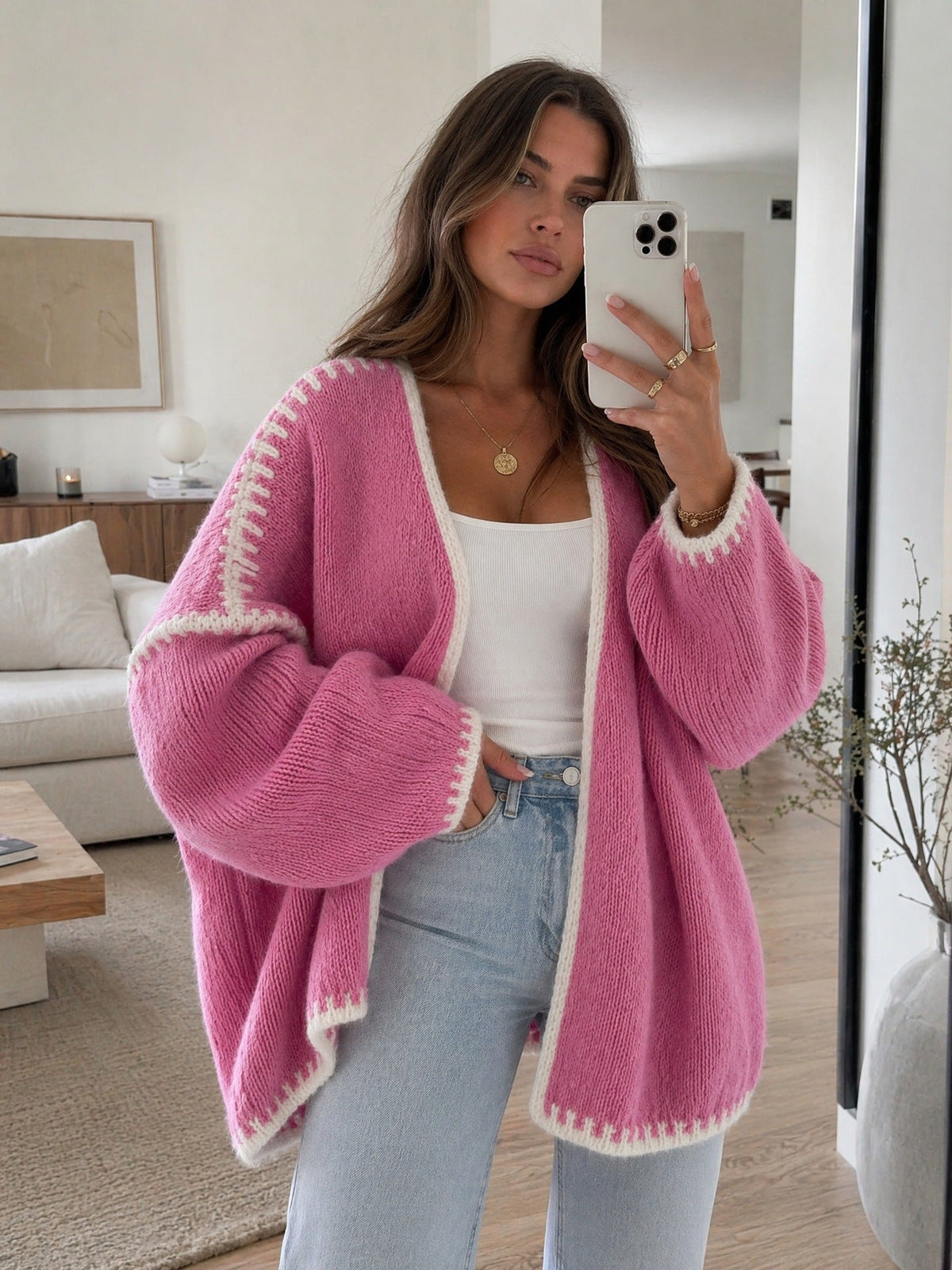 Women's Contrast Stitch Cardigan in Pink, view 2
