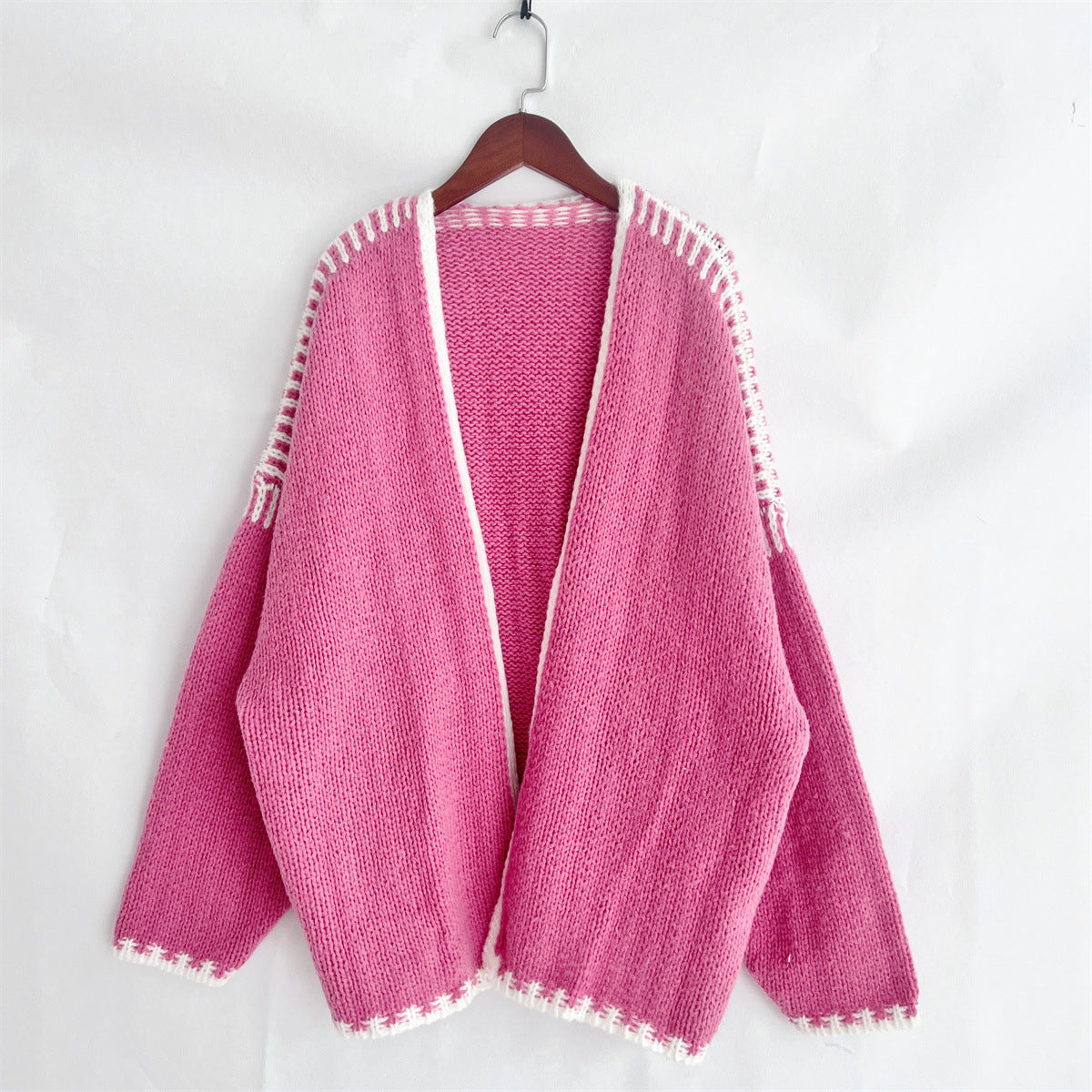Women's Contrast Stitch Cardigan in Pink, view 4