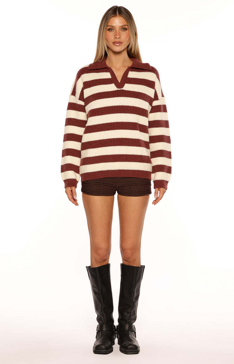 Women's Striped Polo Jumper in Red, view 2