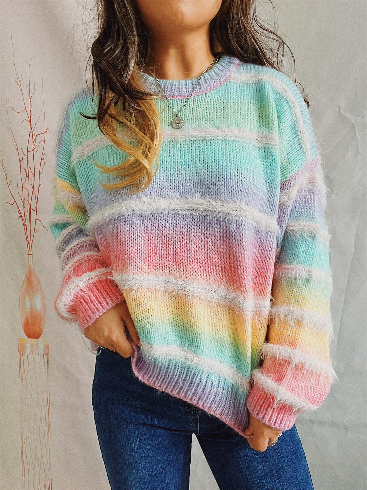 Women's Rainbow Stripe Jumper in Multicolor, view 3