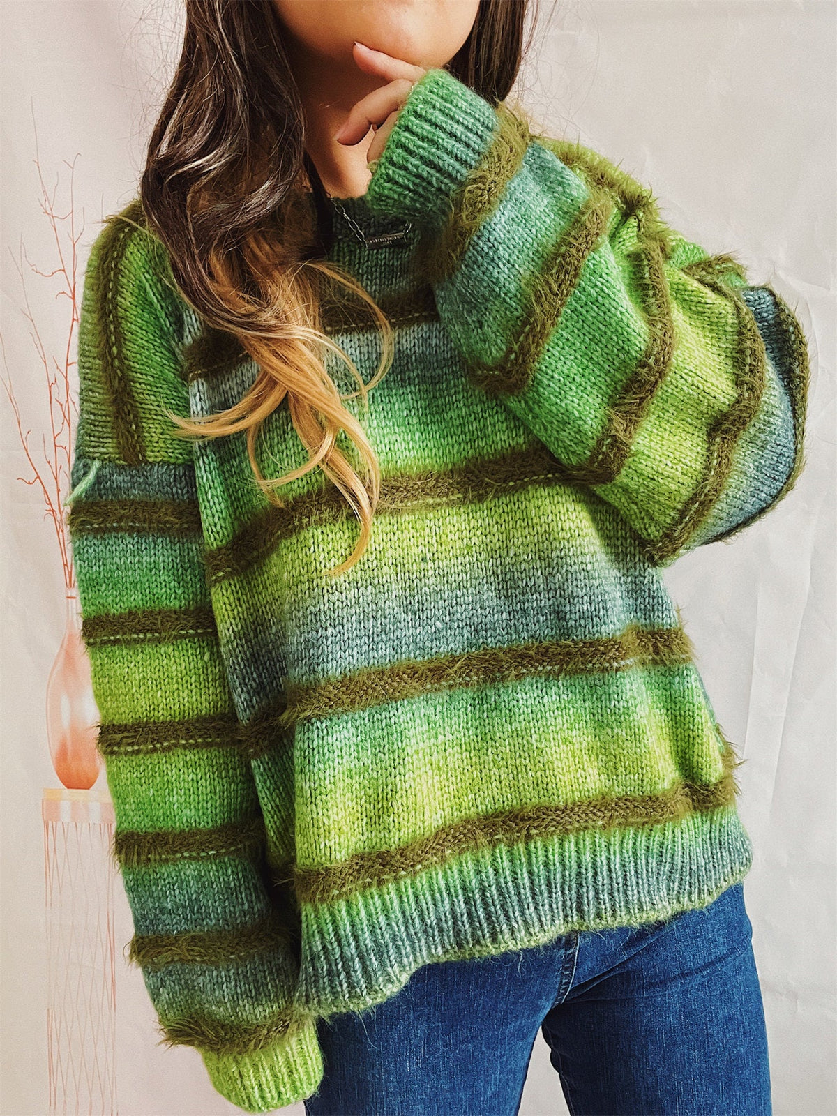 Women's Rainbow Stripe Jumper in Green, view 2