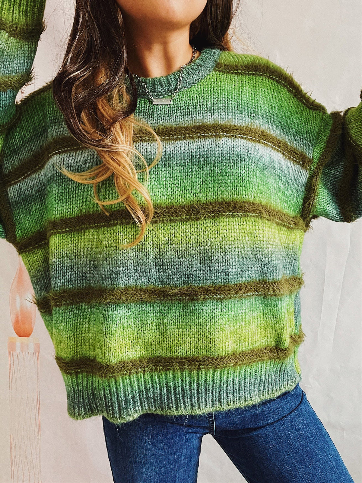 Women's Rainbow Stripe Jumper in Green, view 3