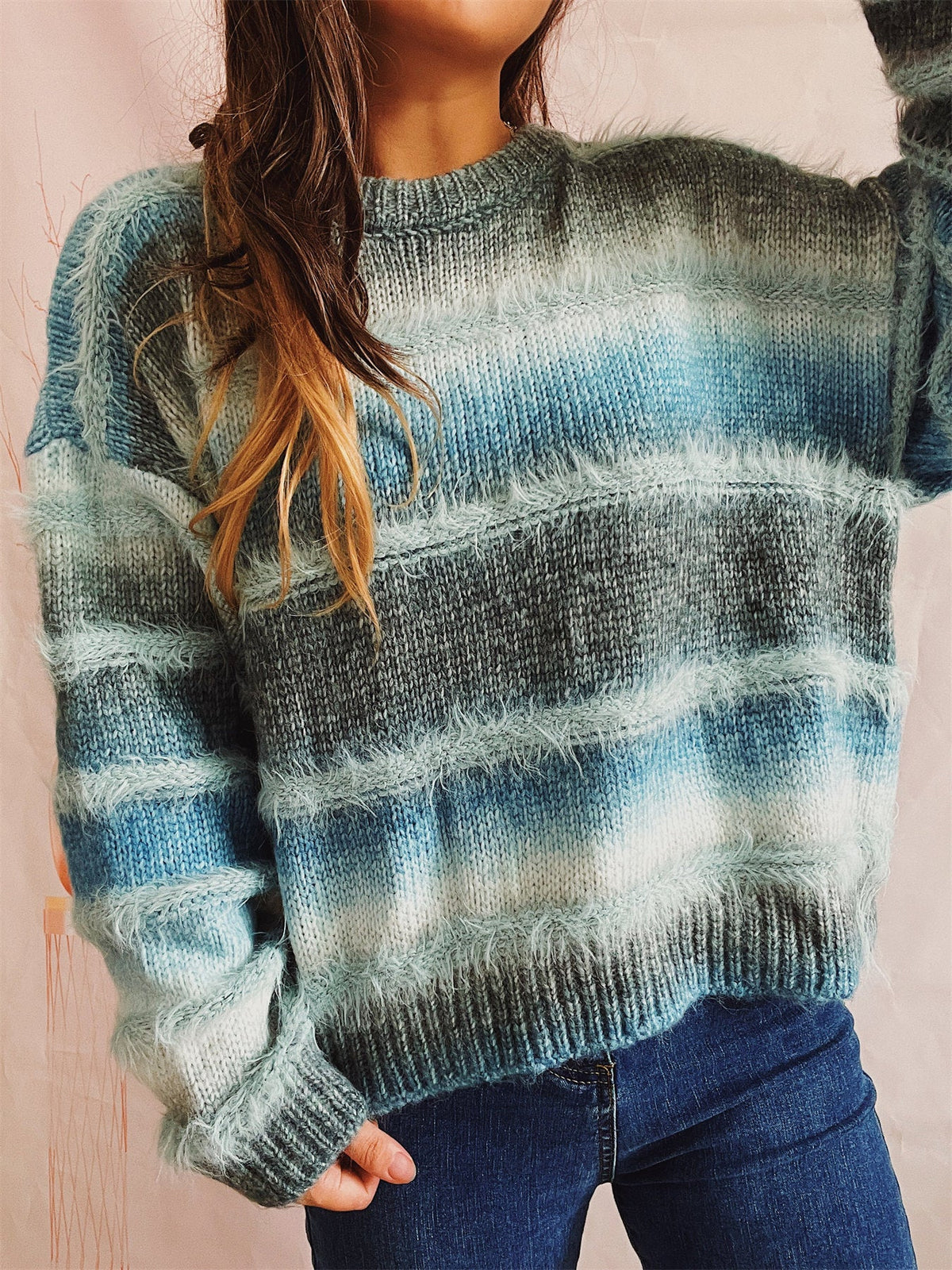 Women's Rainbow Stripe Jumper in Blue, view 3