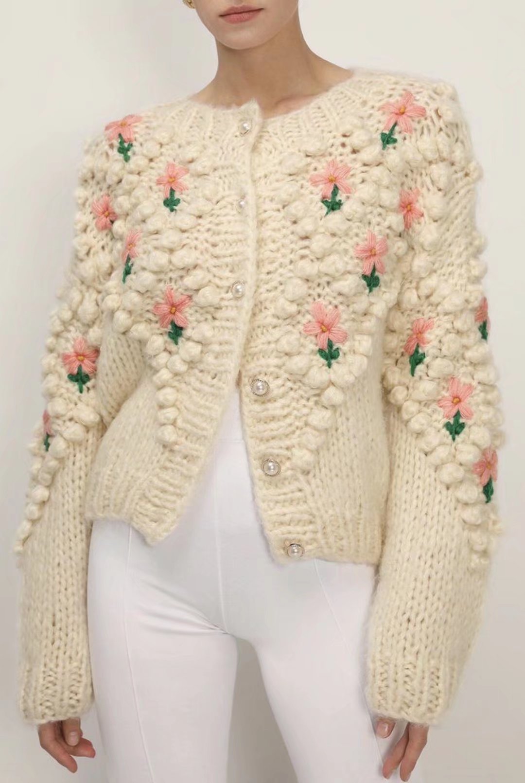 Women's Flower Pompom Cardigan in Cream, view 2