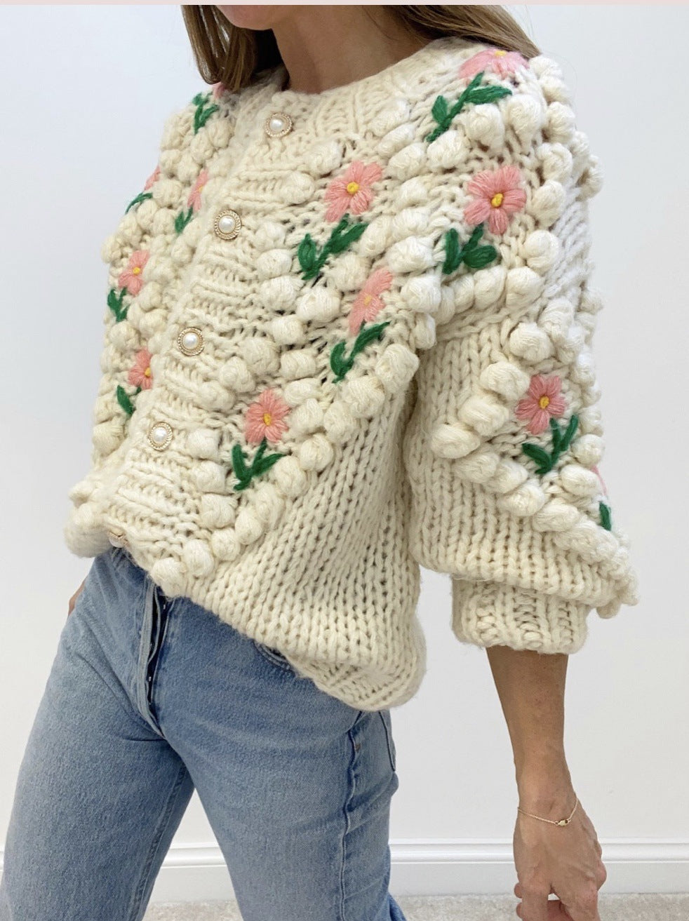 Women's Flower Pompom Cardigan in Cream, view 5