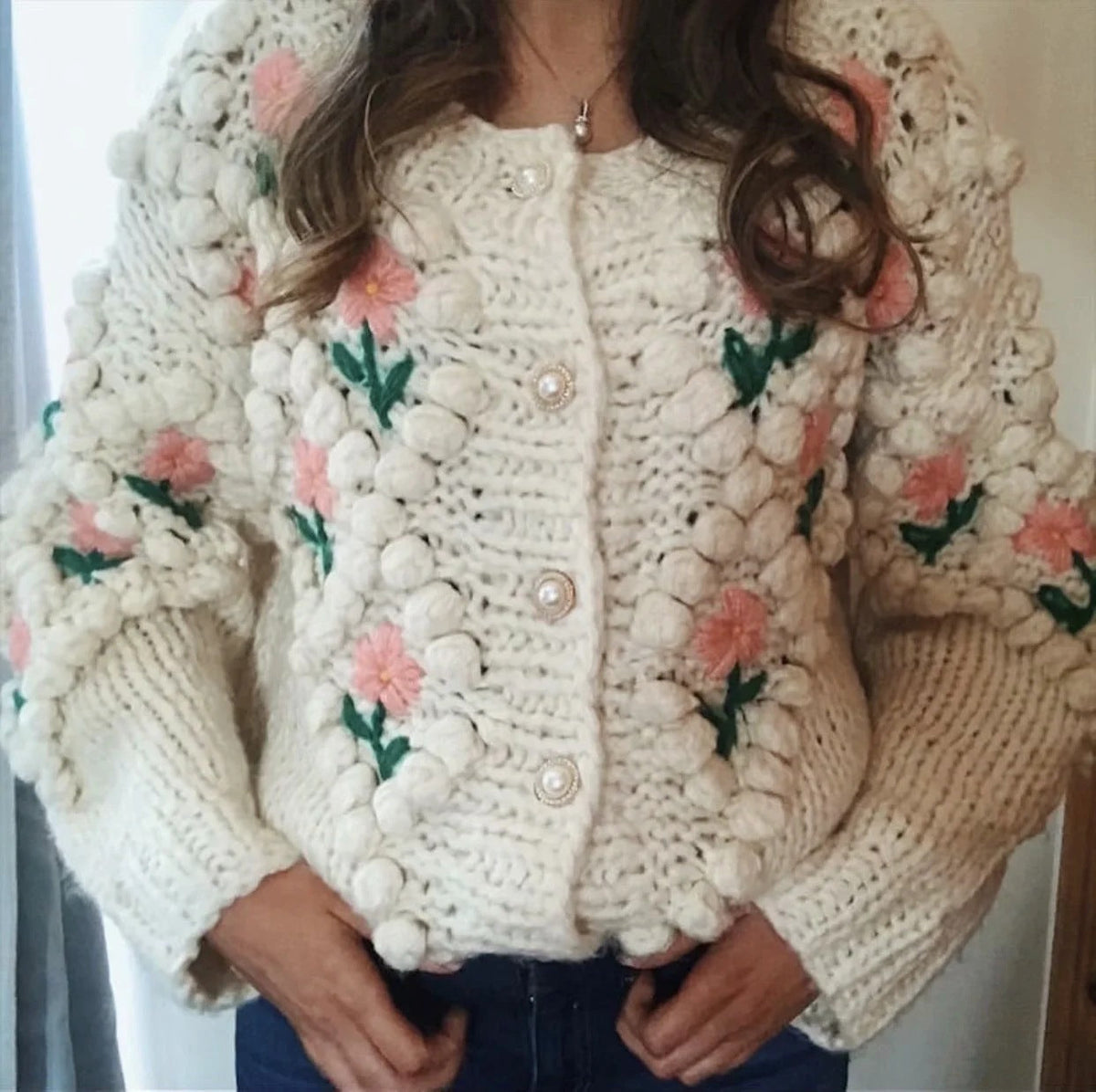 Women's Flower Pompom Cardigan in Cream, view 6