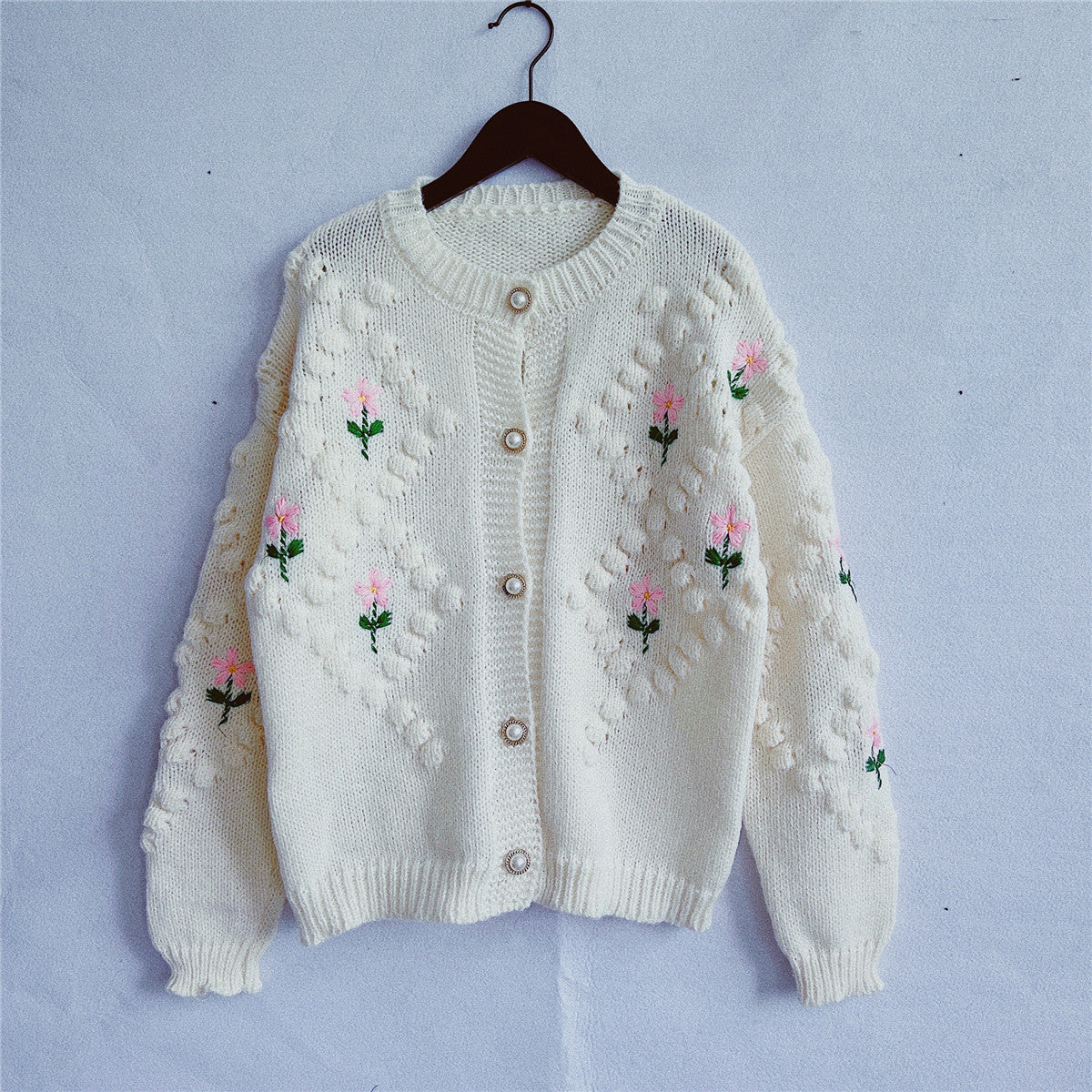 Women's Flower Pompom Cardigan in Cream, view 7