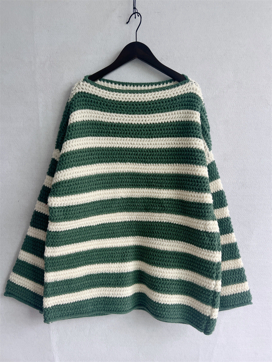 Women's Striped Wide Neck Jumper in Green
