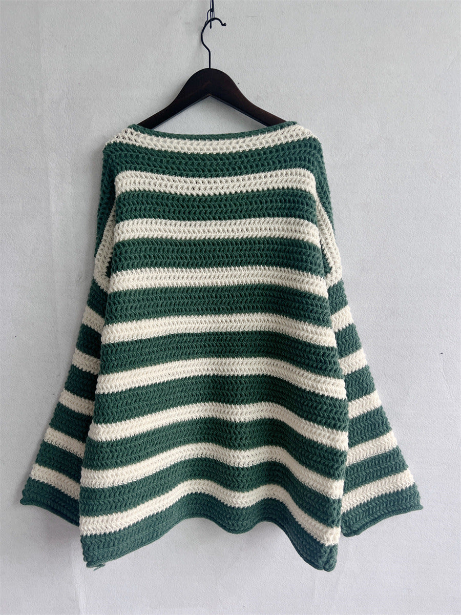 Women's Striped Wide Neck Jumper in Green, view 2