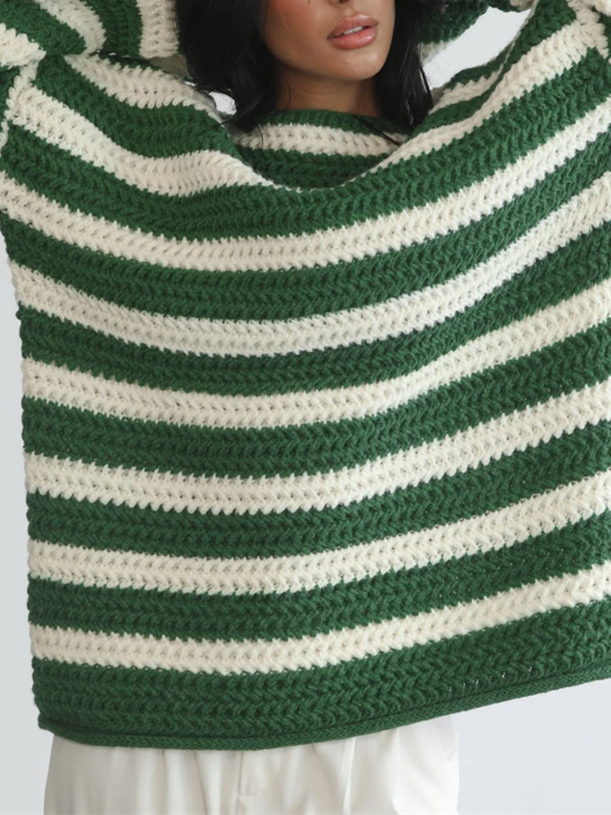 Women's Striped Wide Neck Jumper in Green, view 7